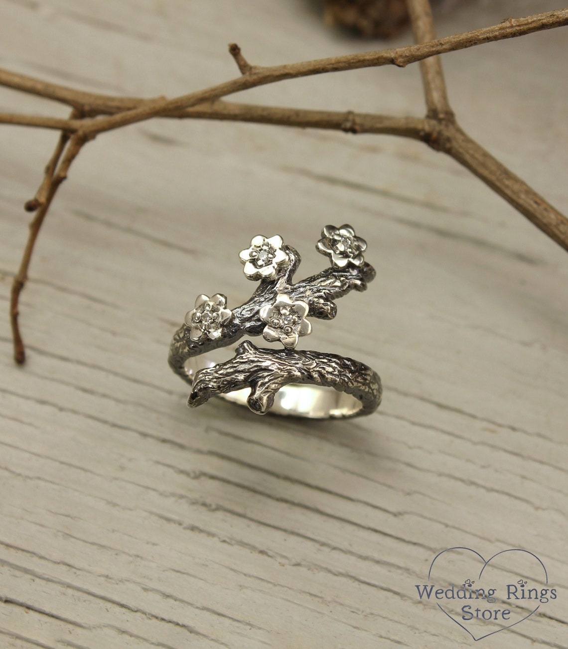 Exclusive Flowers with Gems on a Silver Branch Frolal Ring