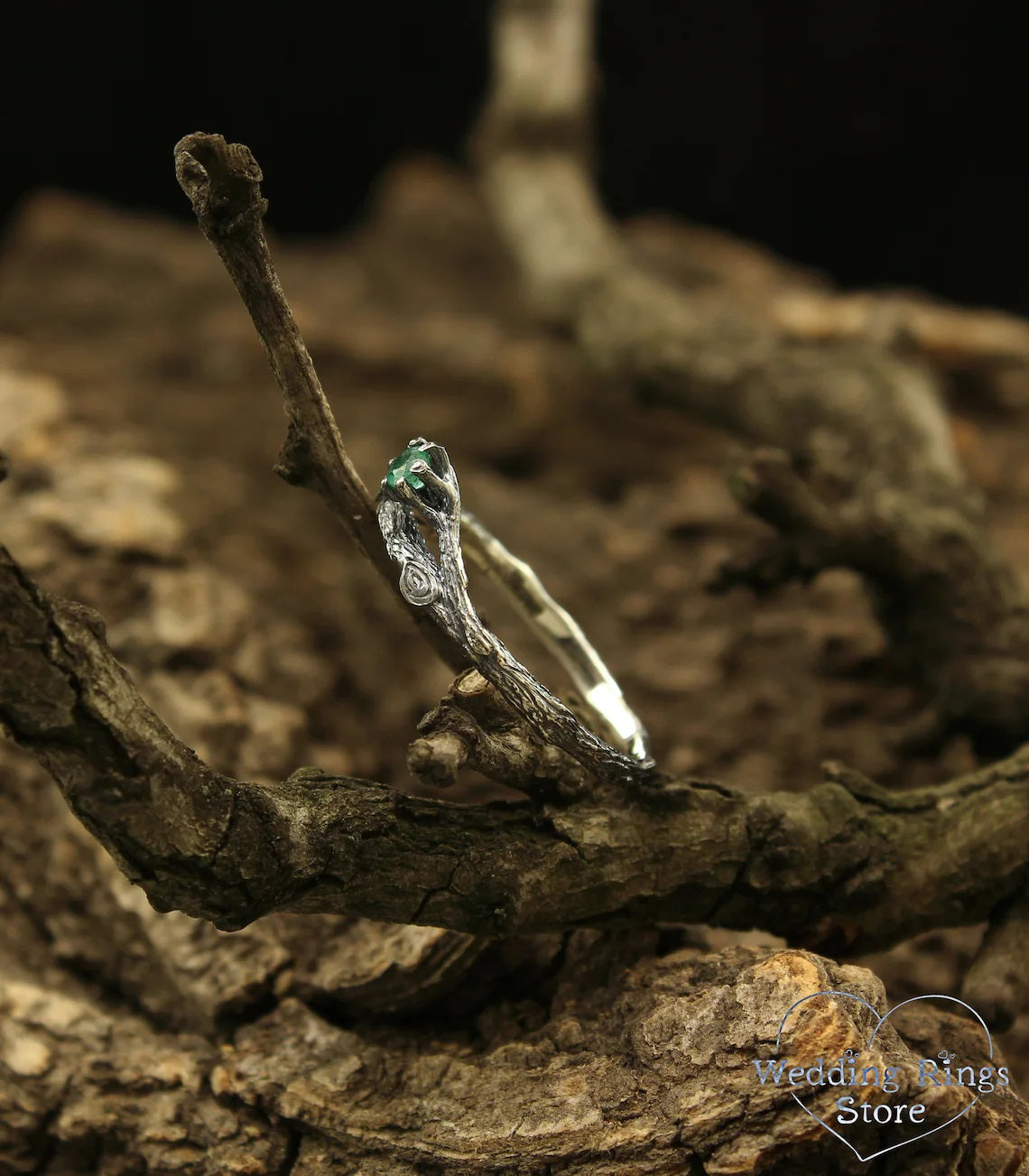 Tiny Emerald on the Side Branch Silver Dainty Engagement Ring