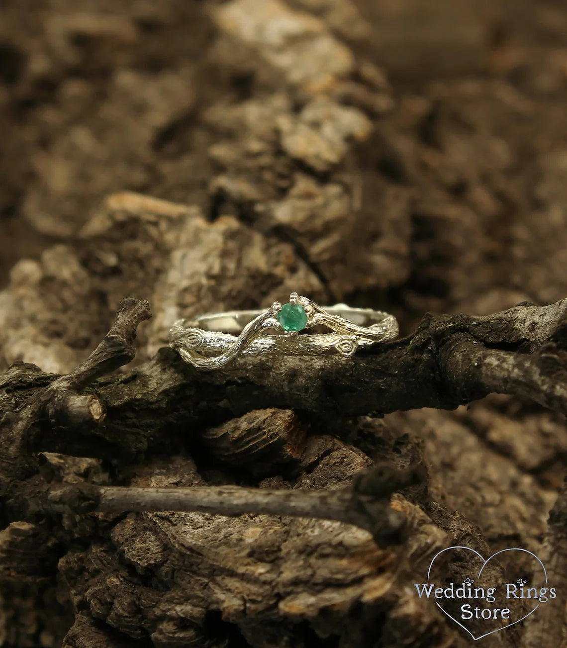 Tiny Emerald on the Side Branch Silver Dainty Engagement Ring