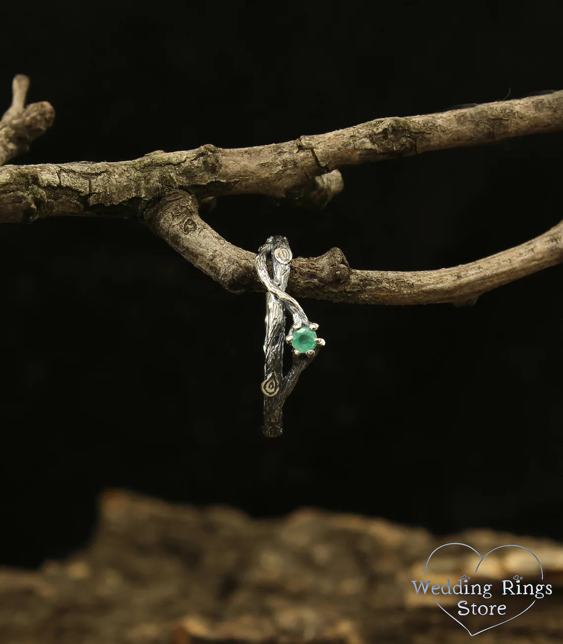 Tiny Emerald on the Side Branch Silver Dainty Engagement Ring