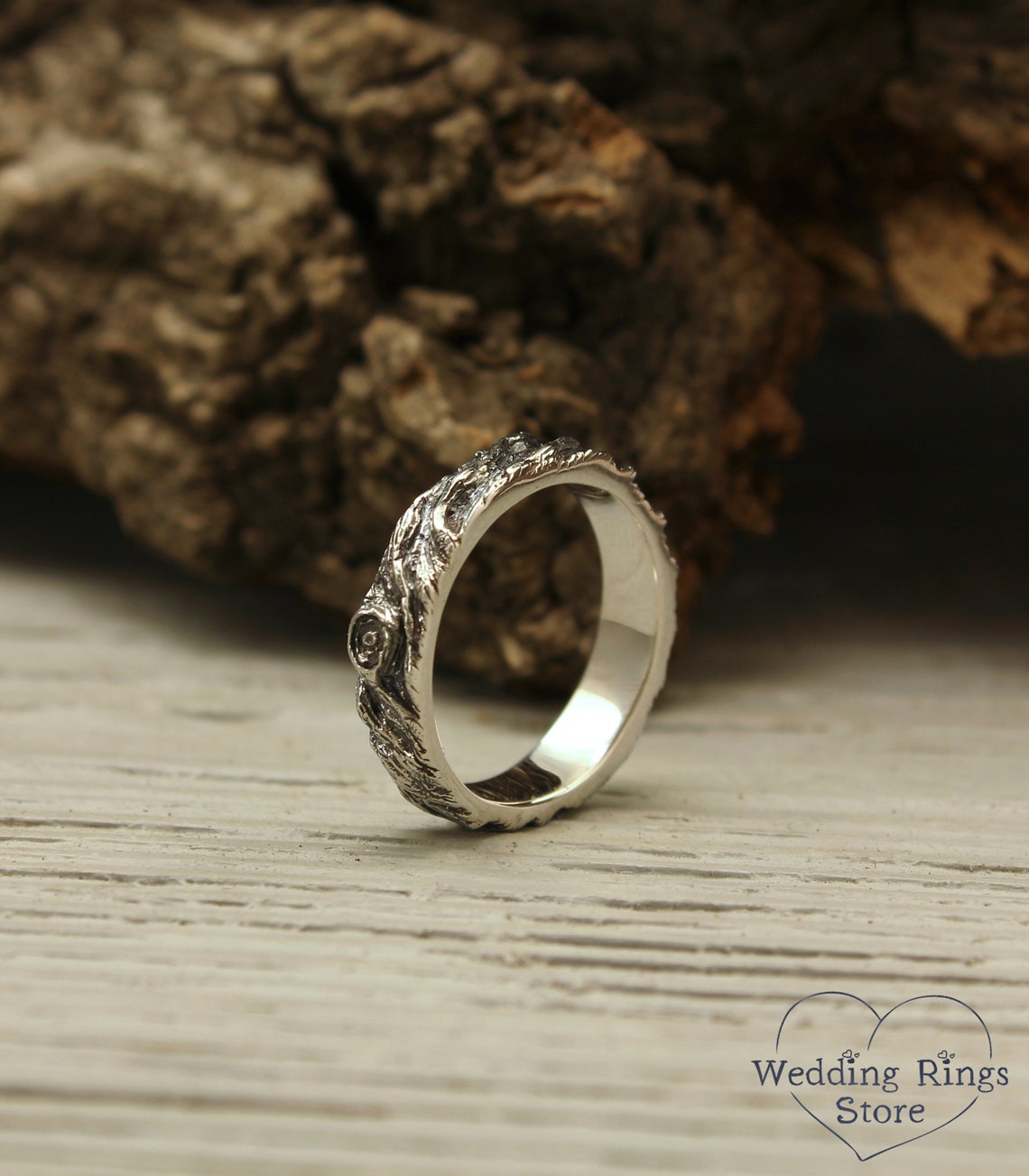 Rustic Wedding Band — Unique Silver Tree bark Ring