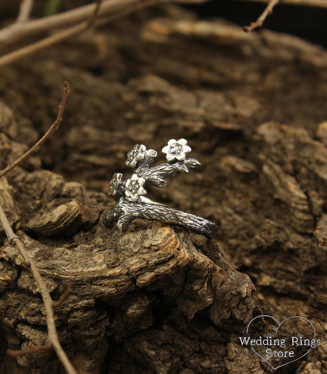 Exclusive Flowers with Gems on a Silver Branch Frolal Ring