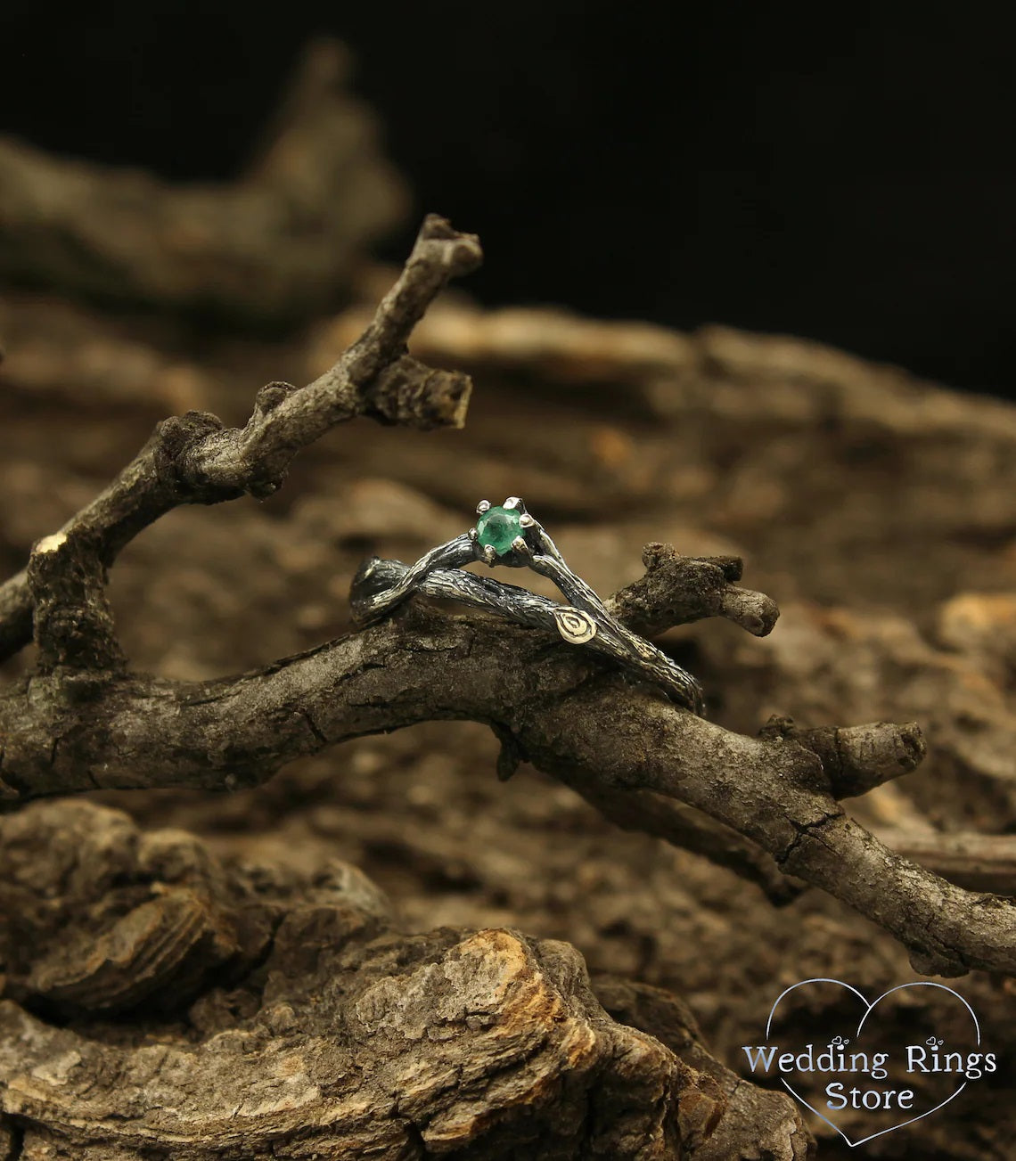 Tiny Emerald on the Side Branch Silver Dainty Engagement Ring