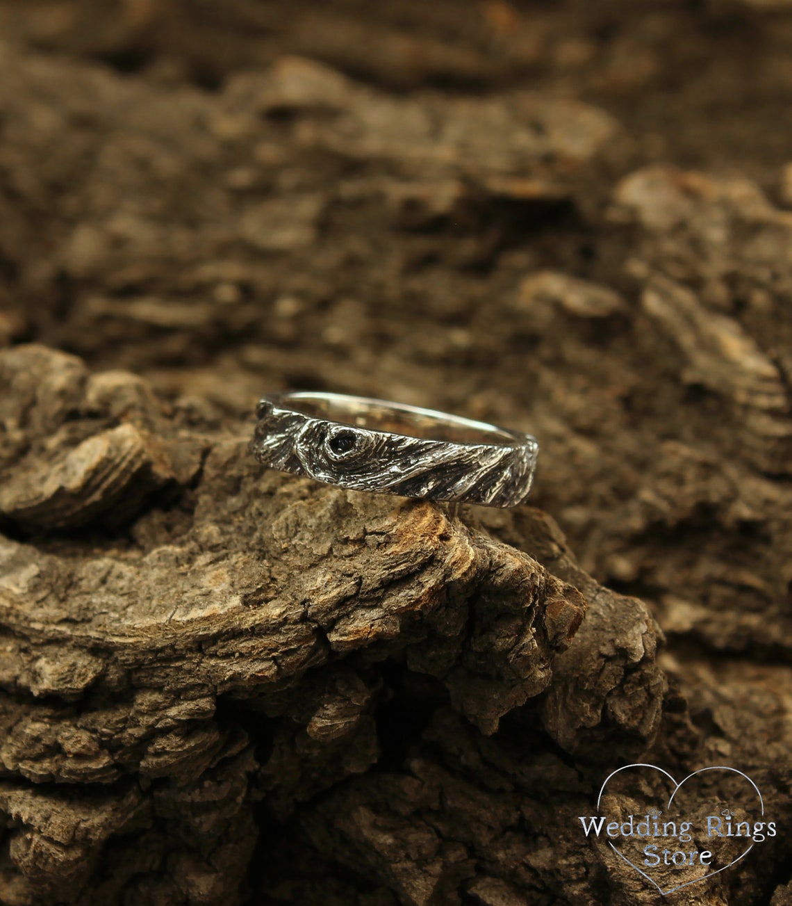 Rustic Wedding Band — Unique Silver Tree bark Ring