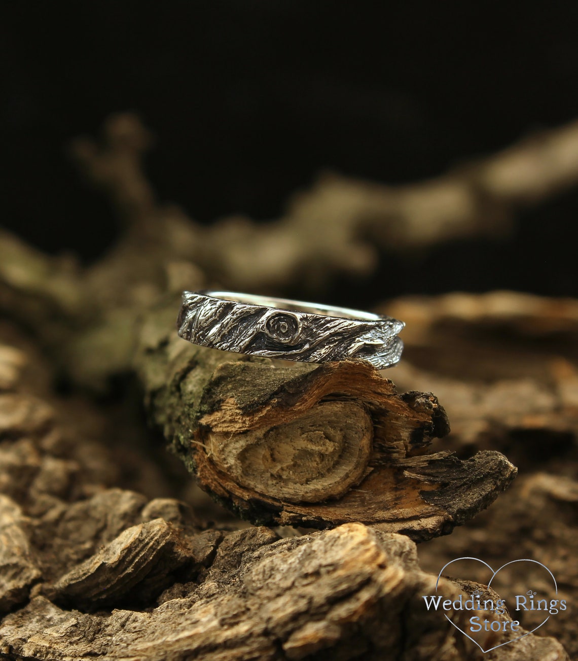 Rustic Wedding Band — Unique Silver Tree bark Ring