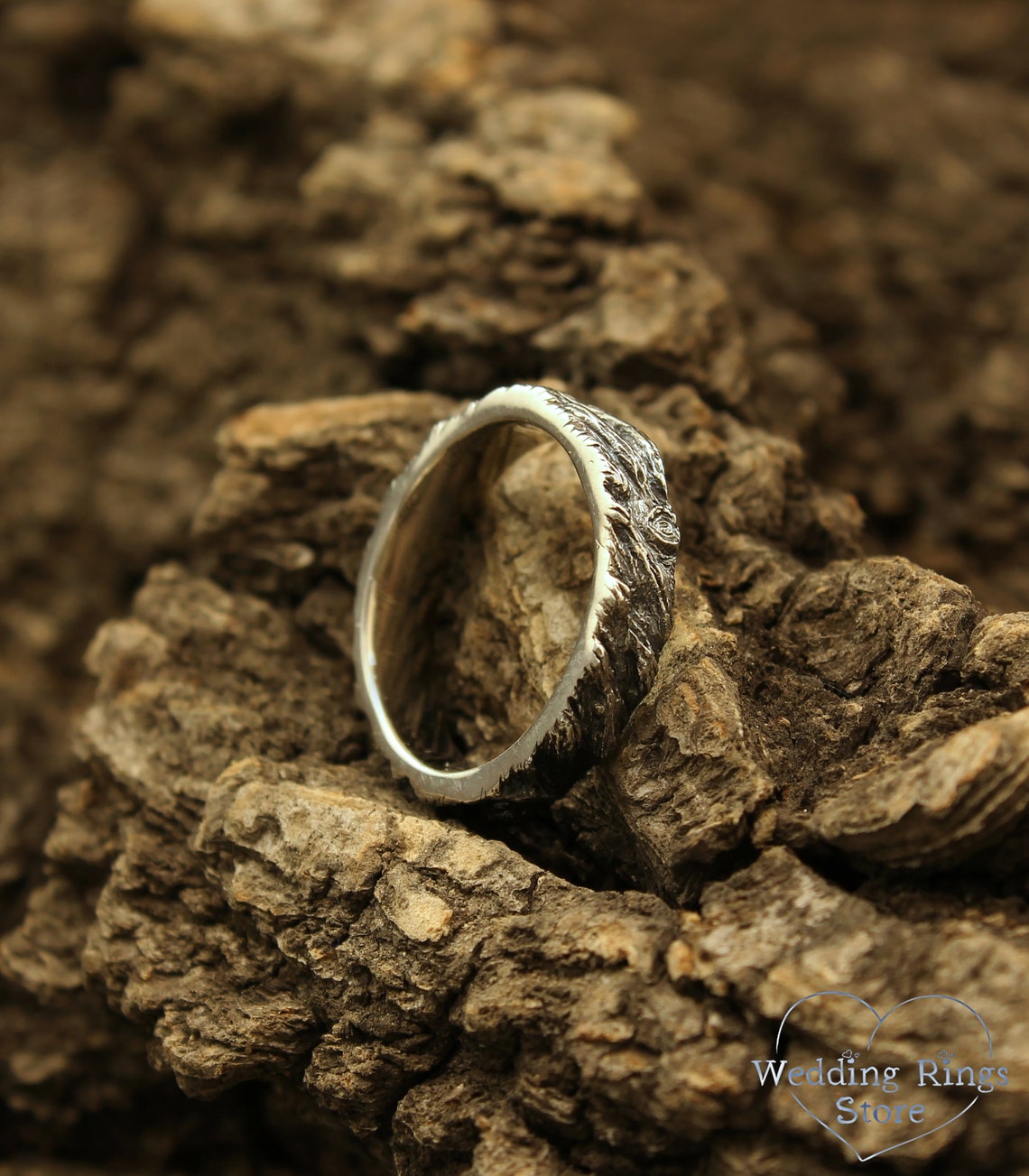 Rustic Wedding Band — Unique Silver Tree bark Ring