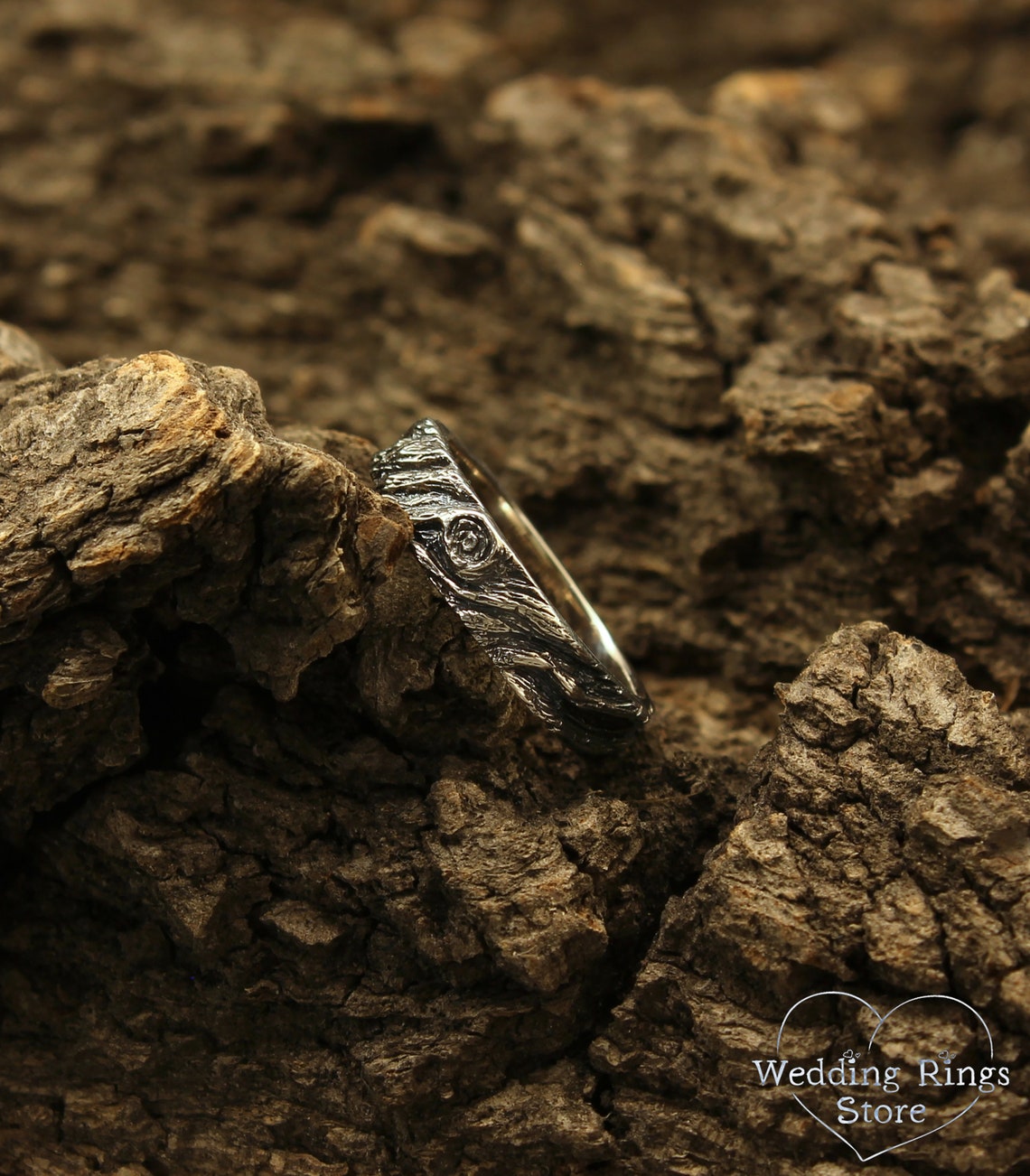 Rustic Wedding Band — Unique Silver Tree bark Ring