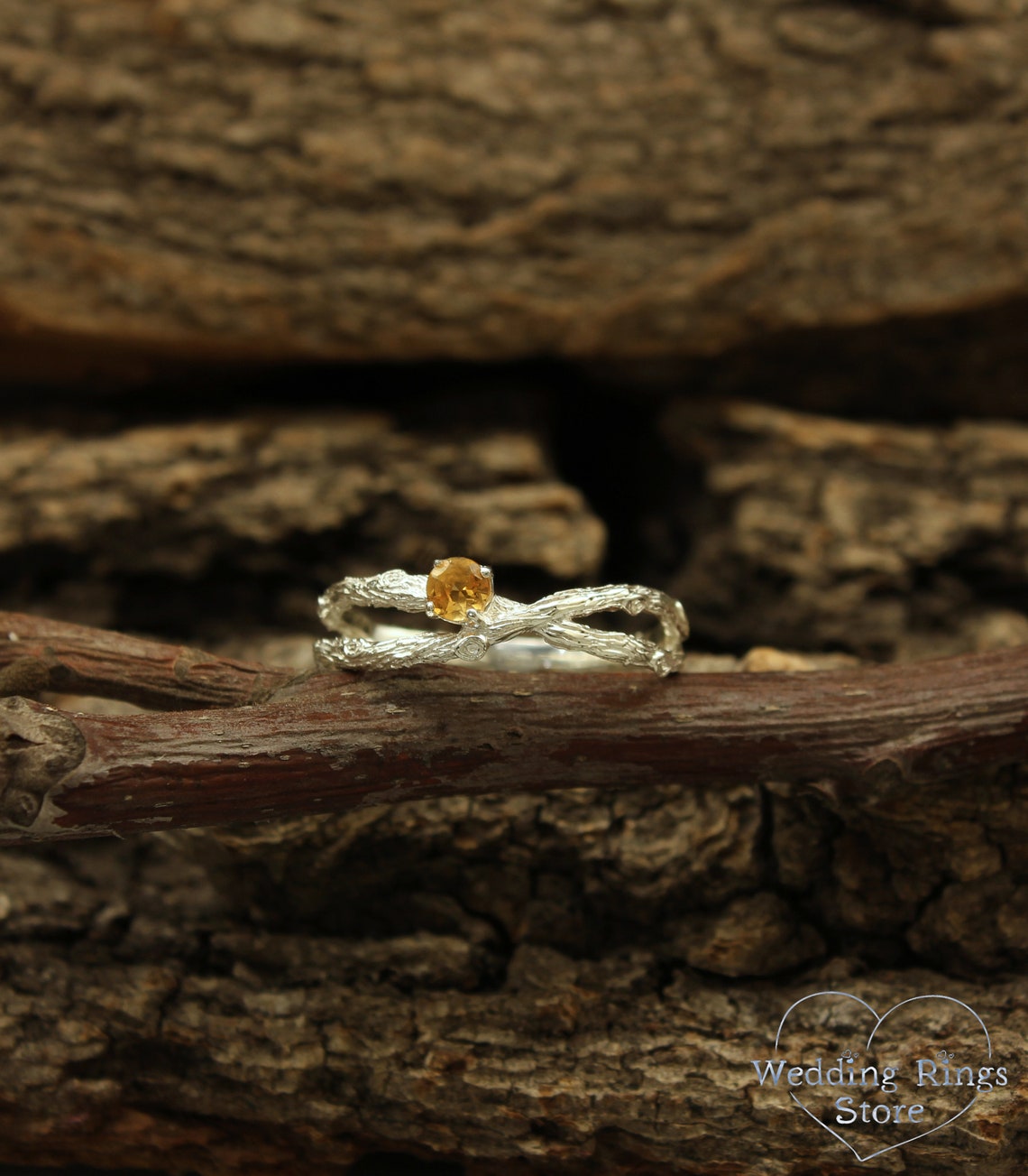 Citrine & Criss-Cross Silver Branch Engagement Ring