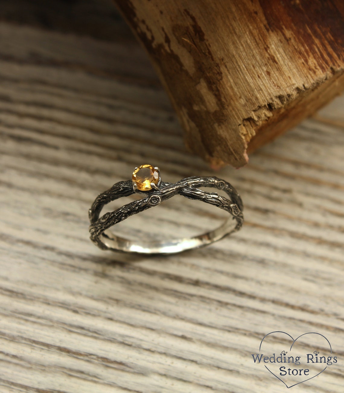 Citrine & Criss-Cross Silver Branch Engagement Ring