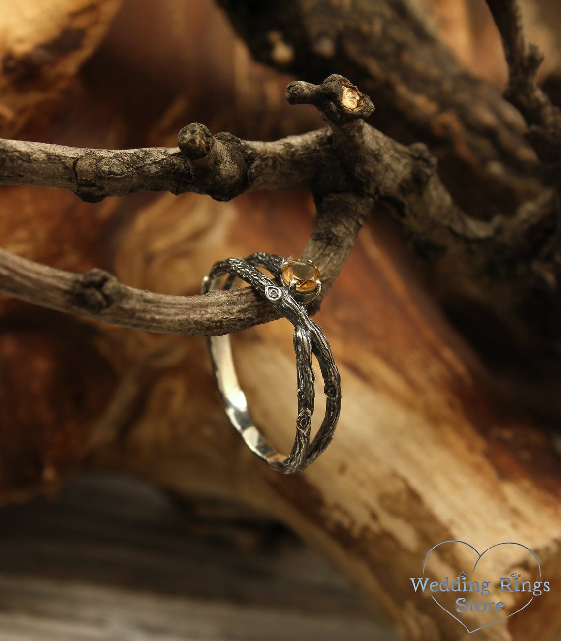 Citrine & Criss-Cross Silver Branch Engagement Ring