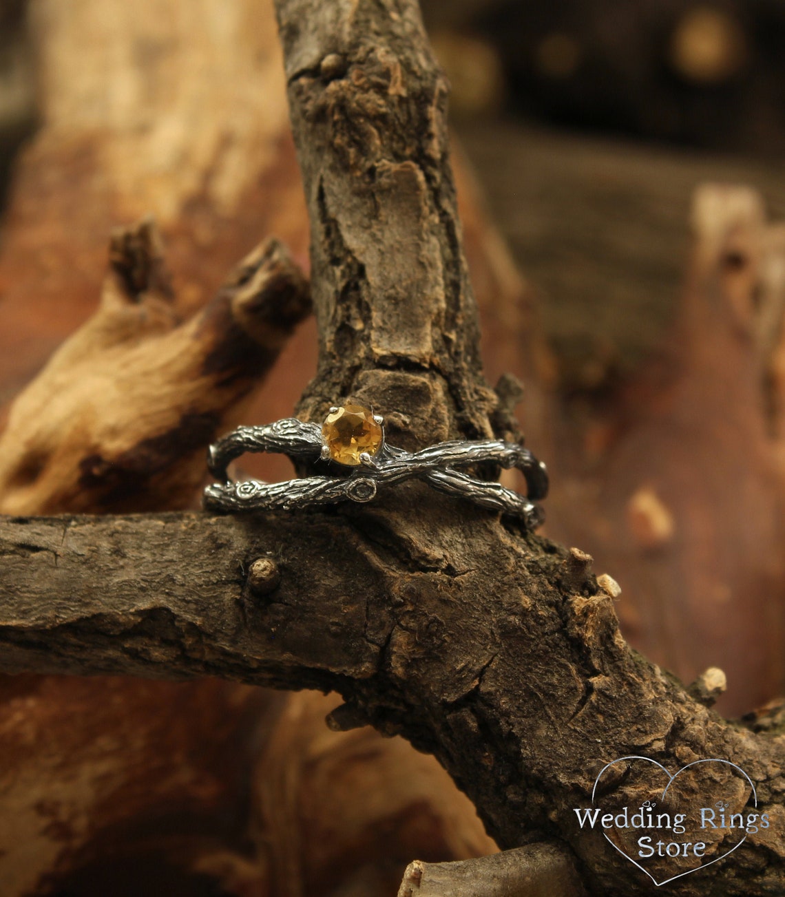 Citrine & Criss-Cross Silver Branch Engagement Ring