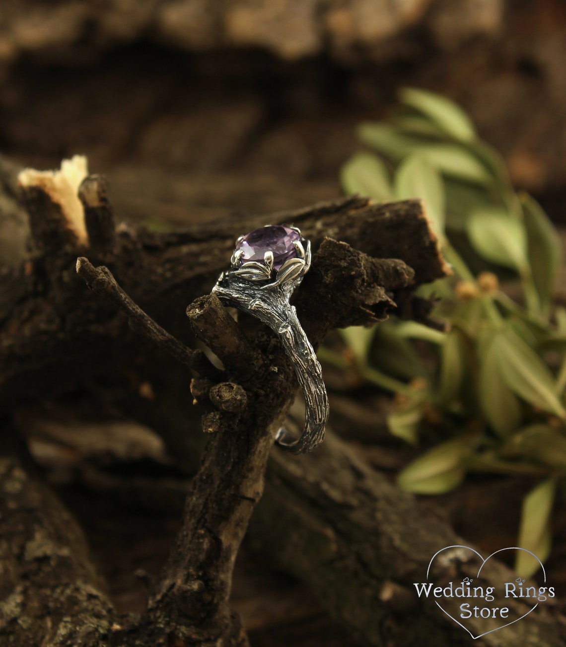 Big Amethyst Chevron Statement Ring & Leaves on a Silver Branch