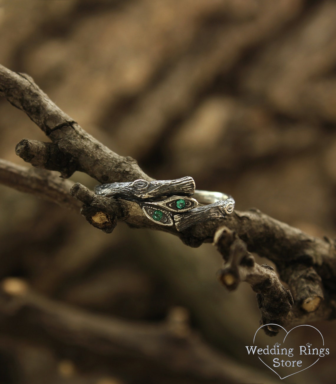 Emeralds in Leaves and Silver Twig Dainty Ring