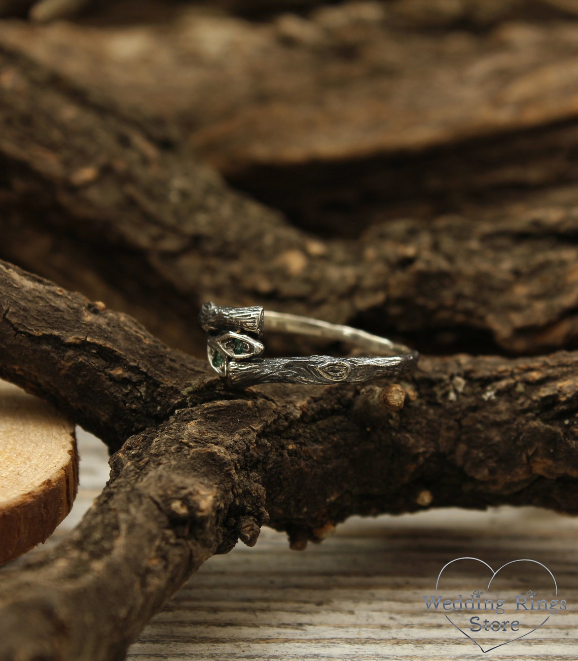 Emeralds in Leaves and Silver Twig Dainty Ring