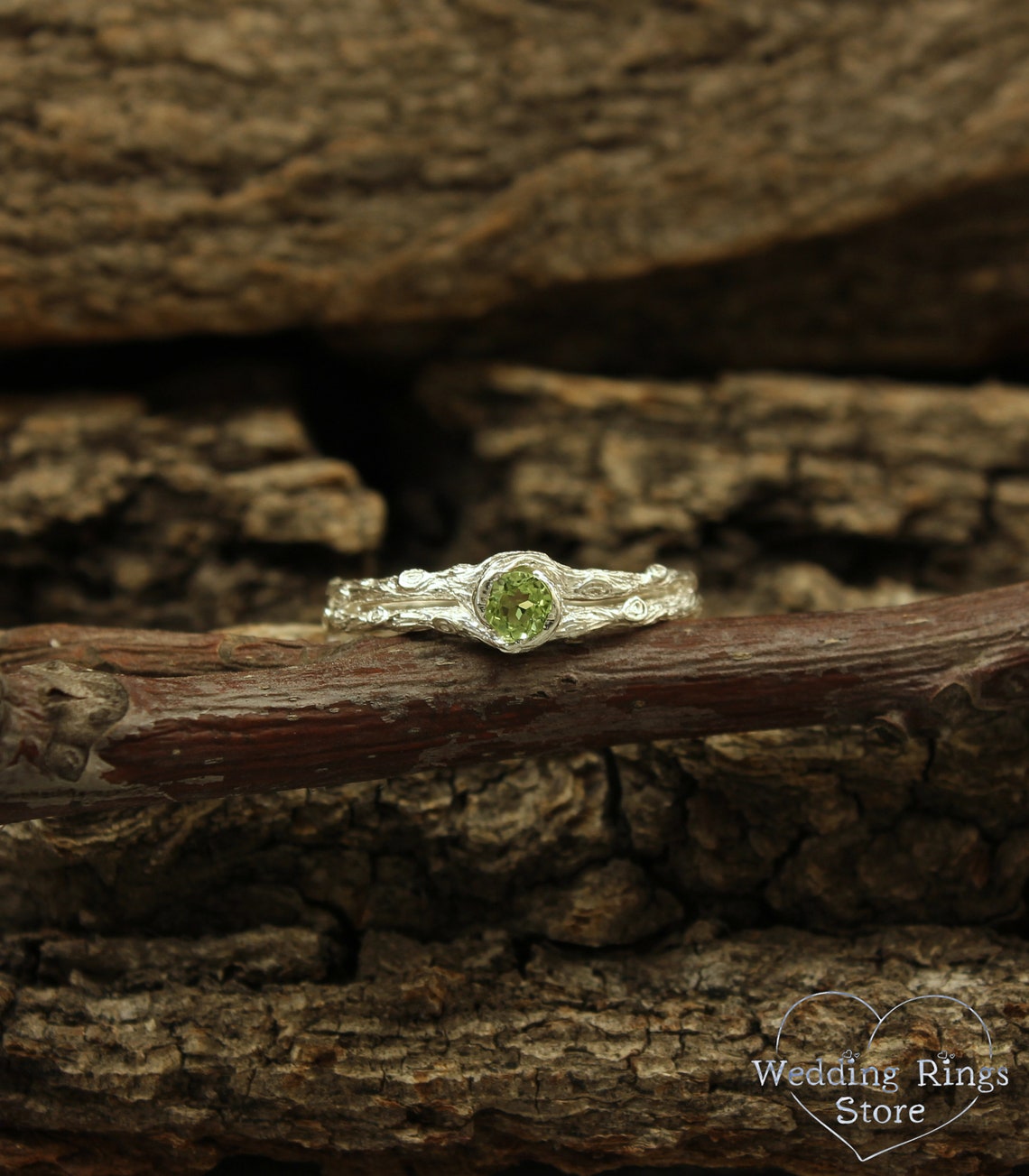 Dainty Peridot & Split Twig Engagement Ring in Solid Silver