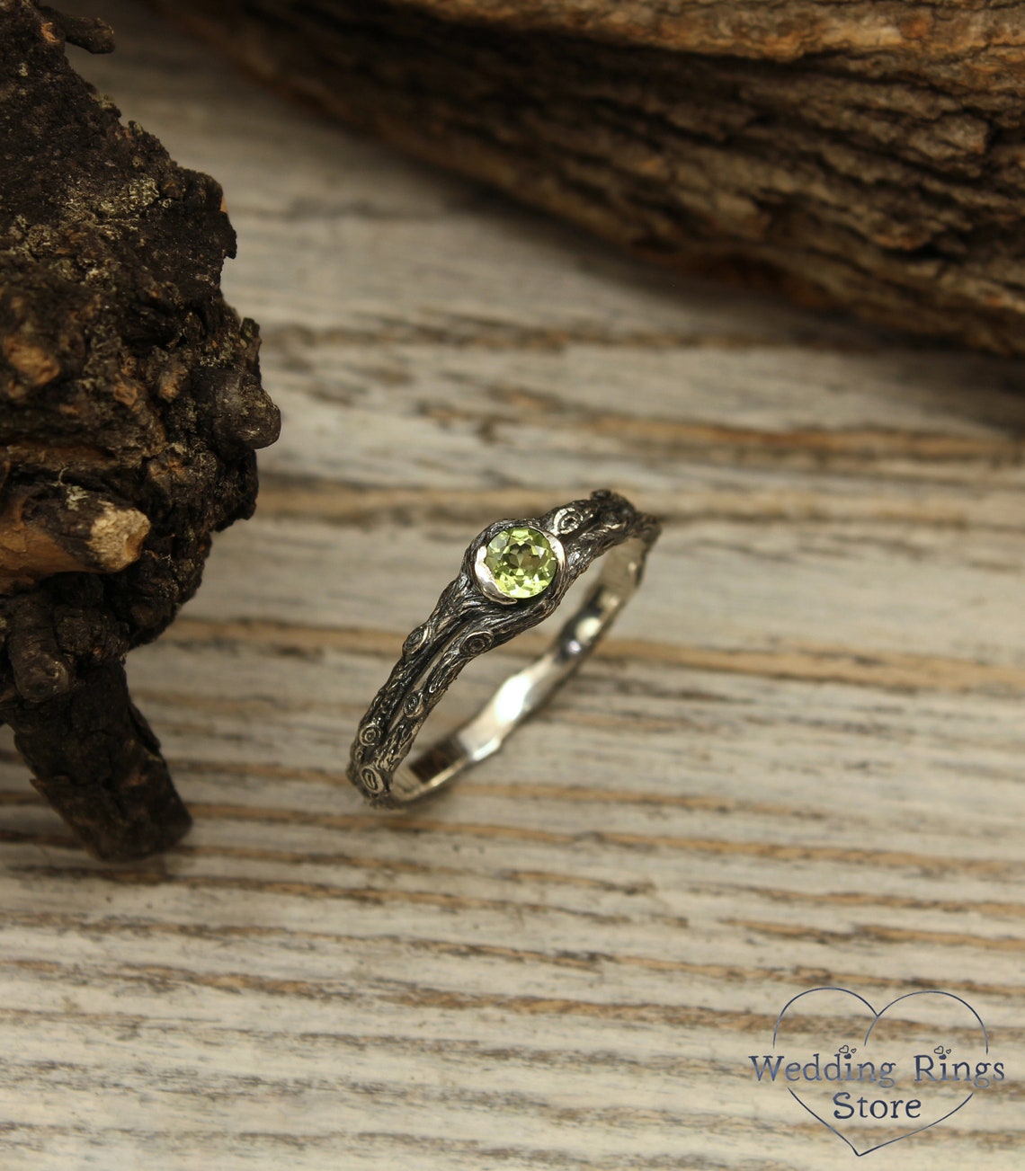 Dainty Peridot & Split Twig Engagement Ring in Solid Silver