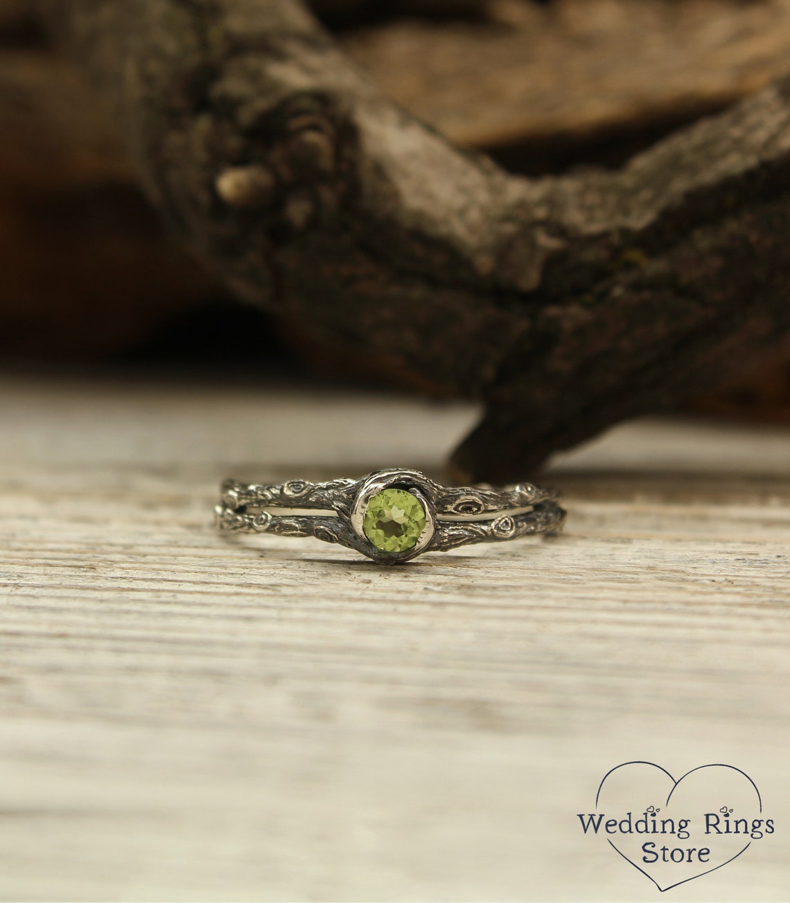 Dainty Peridot & Split Twig Engagement Ring in Solid Silver