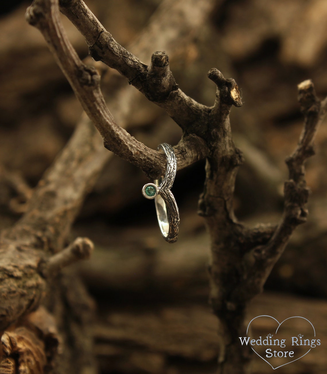 Dainty Twig Tiny Silver V-Ring with Emerald