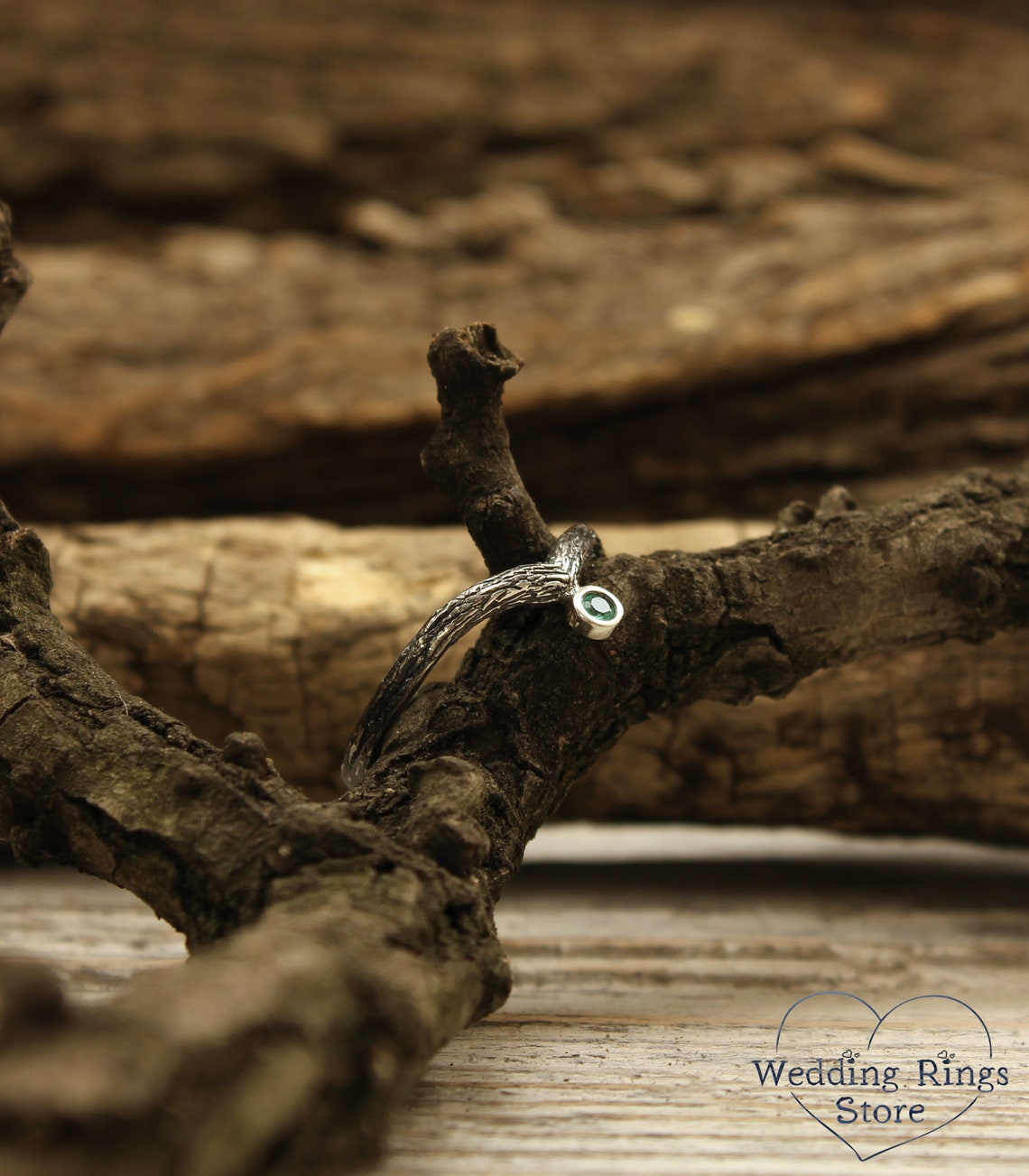 Dainty Twig Tiny Silver V-Ring with Emerald