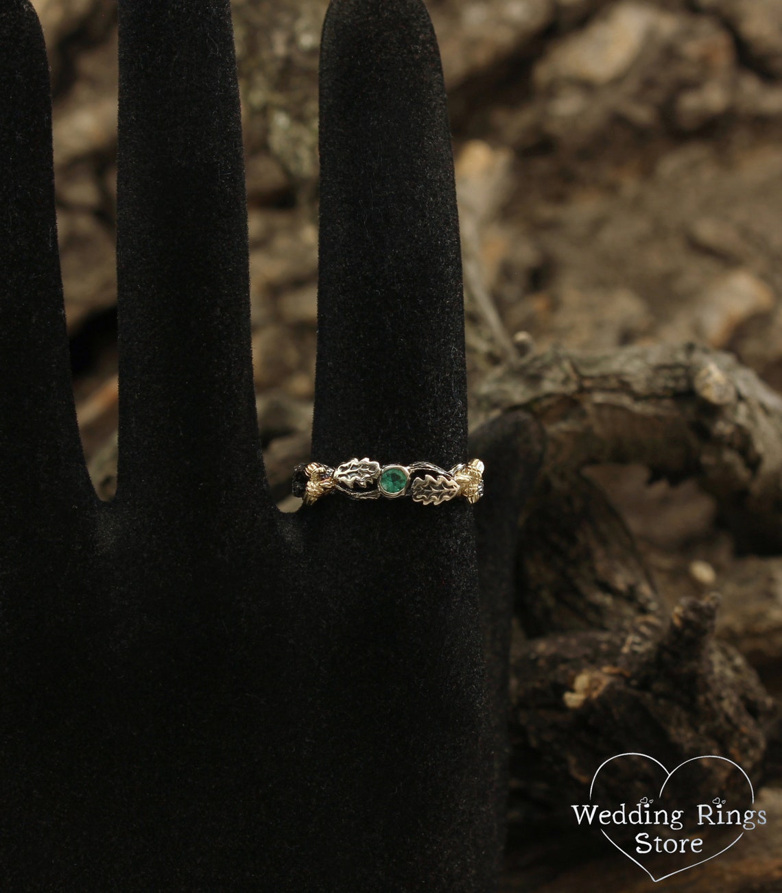 Acorns on a Branch Wedding Band with Emerald and Oak Leaves