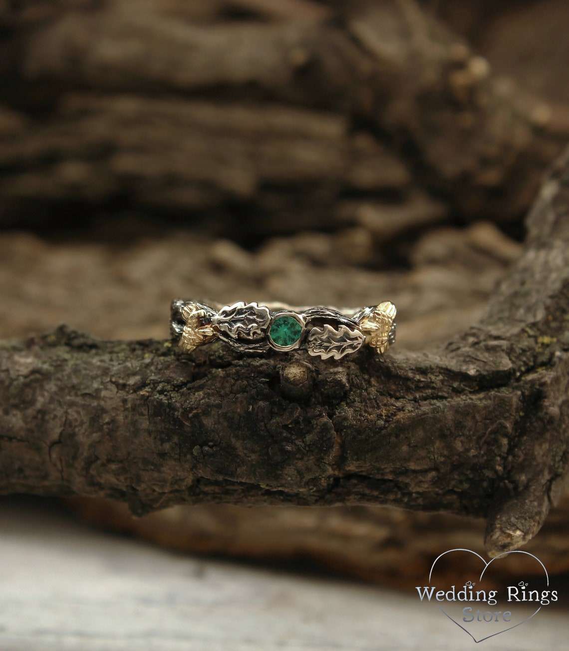 Acorns on a Branch Wedding Band with Emerald and Oak Leaves