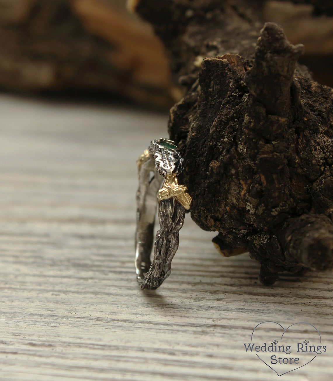 Acorns on a Branch Wedding Band with Emerald and Oak Leaves