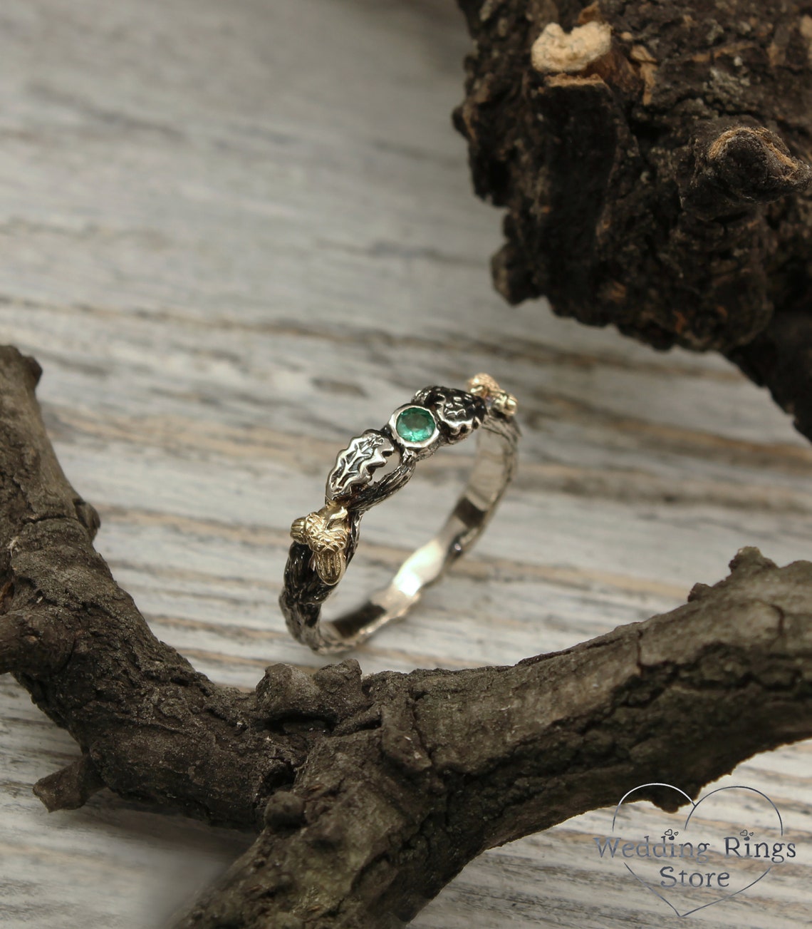 Acorns on a Branch Wedding Band with Emerald and Oak Leaves