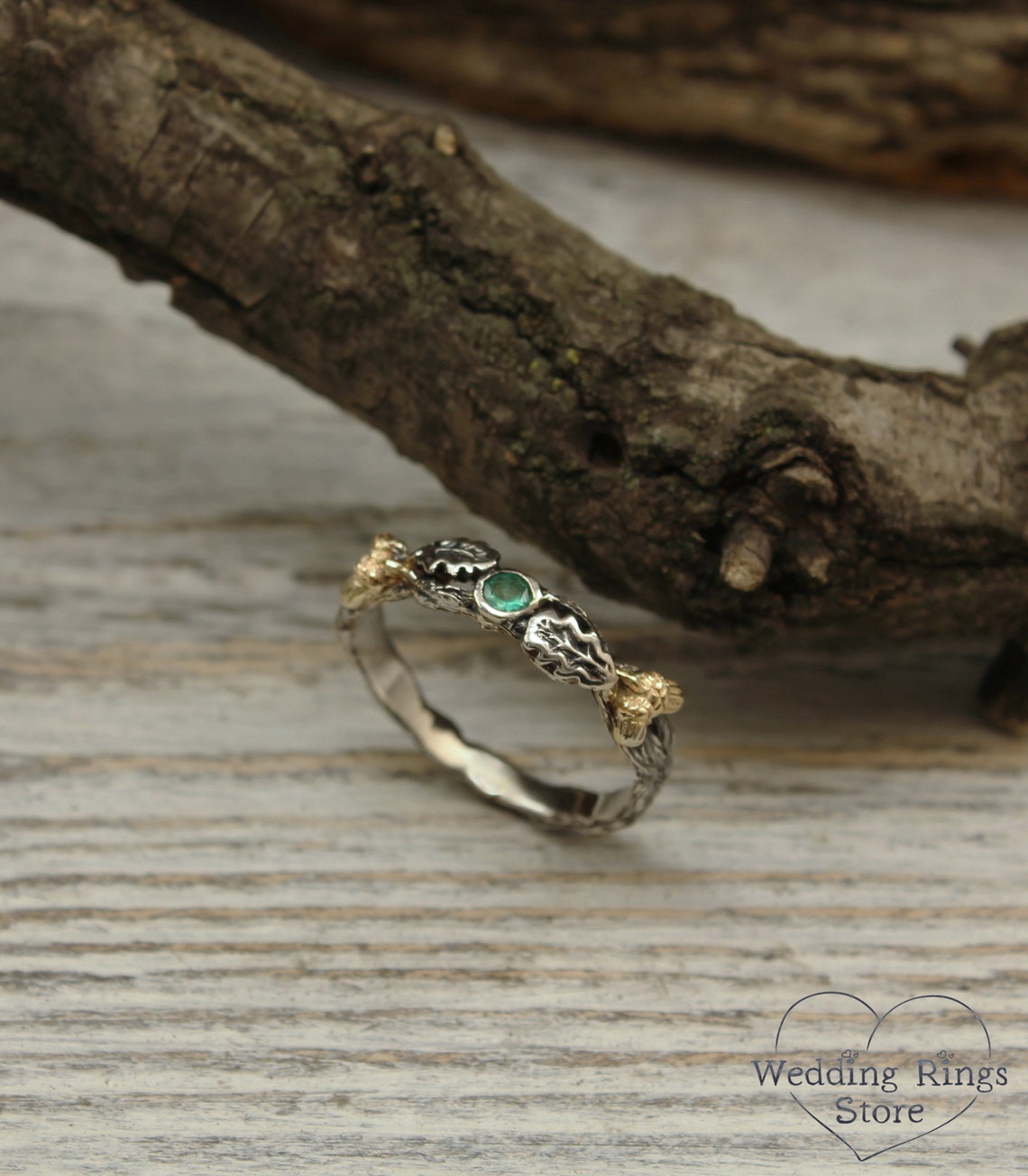 Acorns on a Branch Wedding Band with Emerald and Oak Leaves