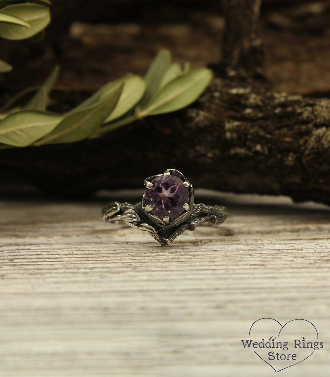 Big Amethyst Chevron Statement Ring & Leaves on a Silver Branch