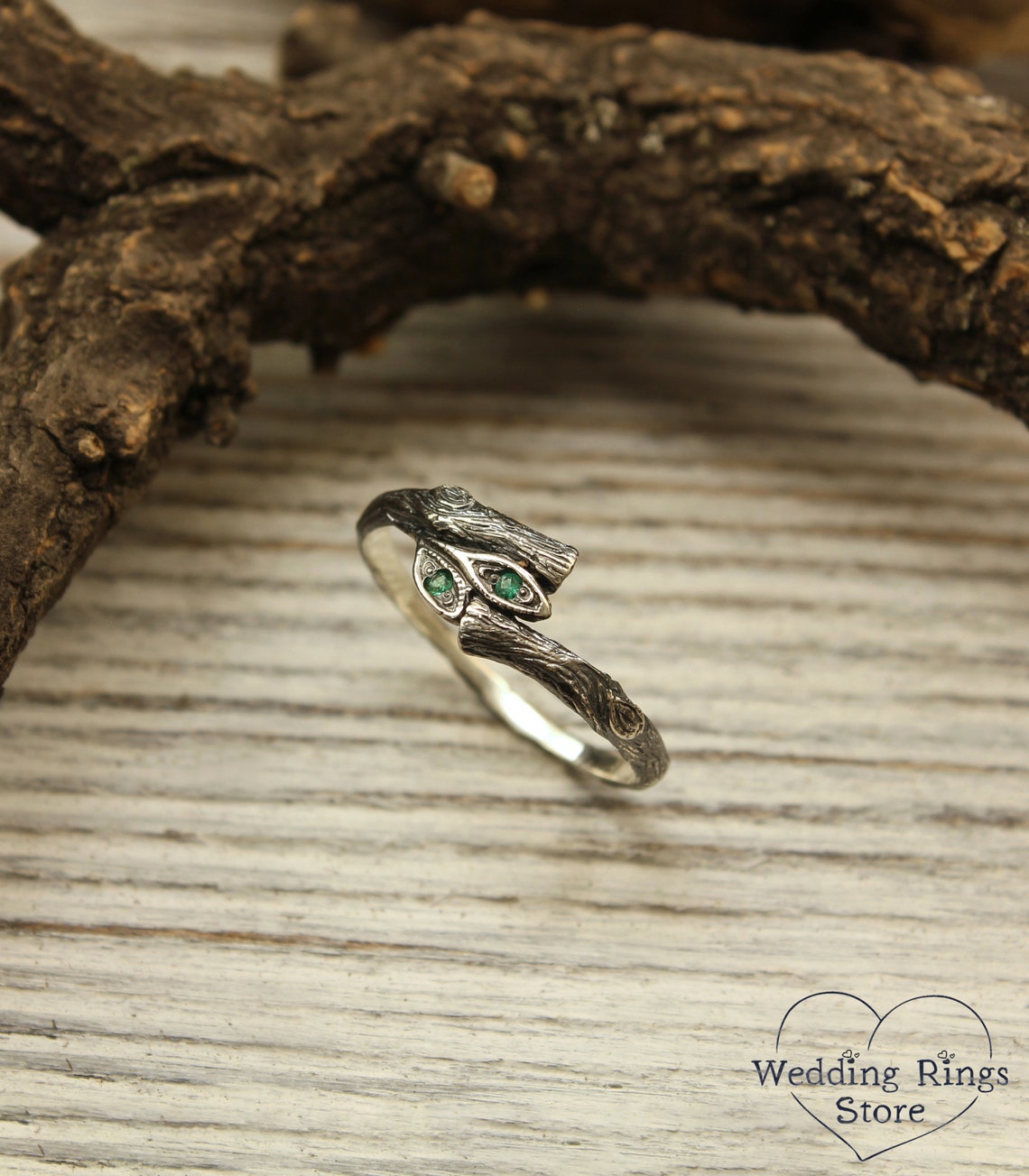 Emeralds in Leaves and Silver Twig Dainty Ring