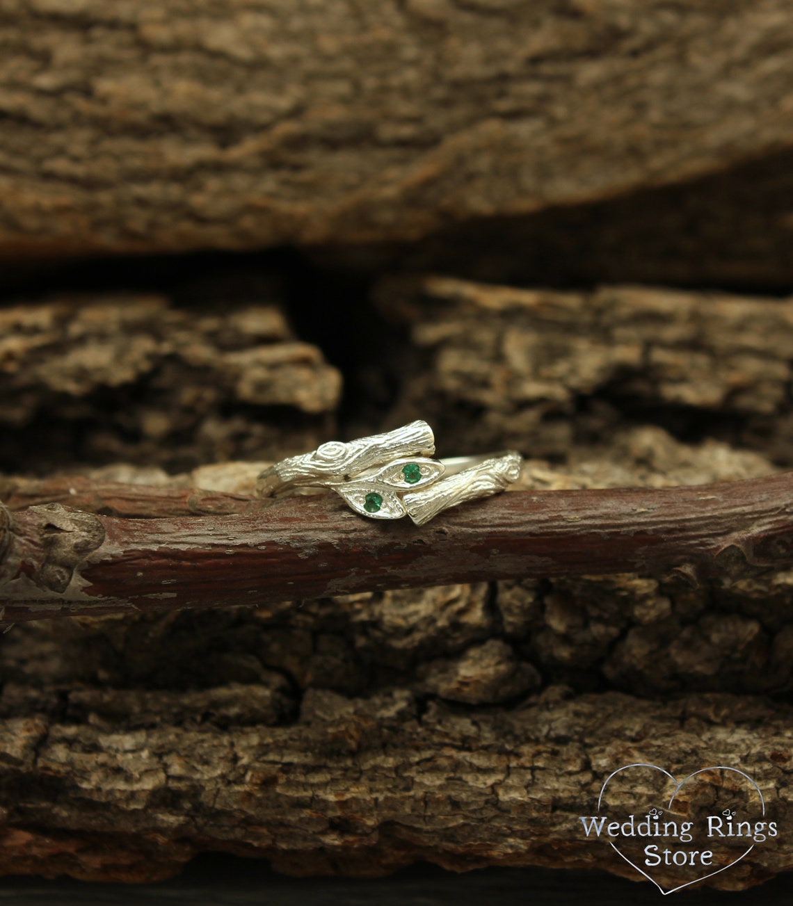 Emeralds in Leaves and Silver Twig Dainty Ring