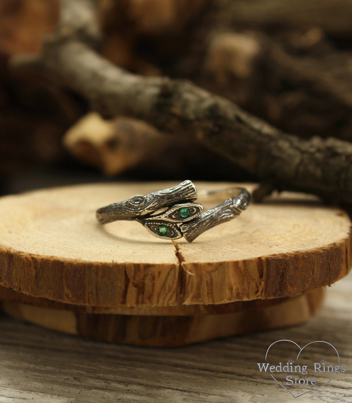 Emeralds in Leaves and Silver Twig Dainty Ring