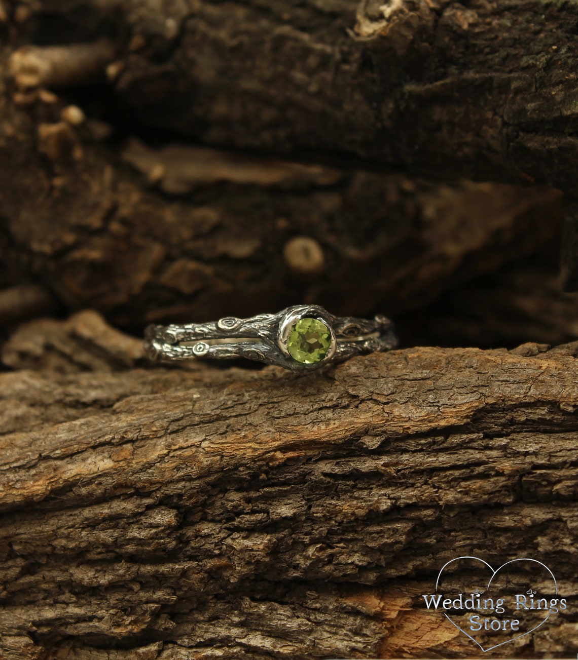 Dainty Peridot & Split Twig Engagement Ring in Solid Silver