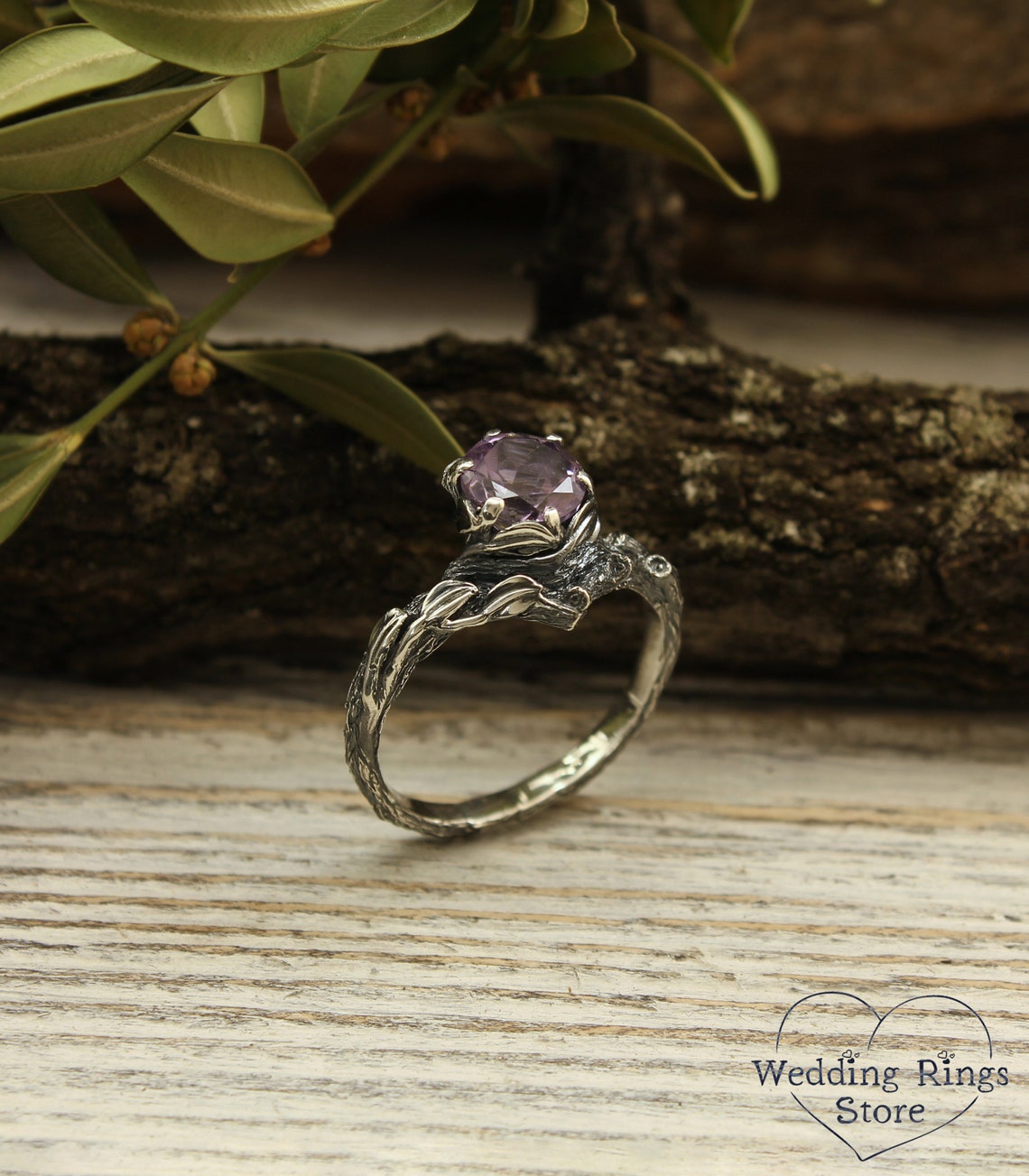 Big Amethyst Chevron Statement Ring & Leaves on a Silver Branch