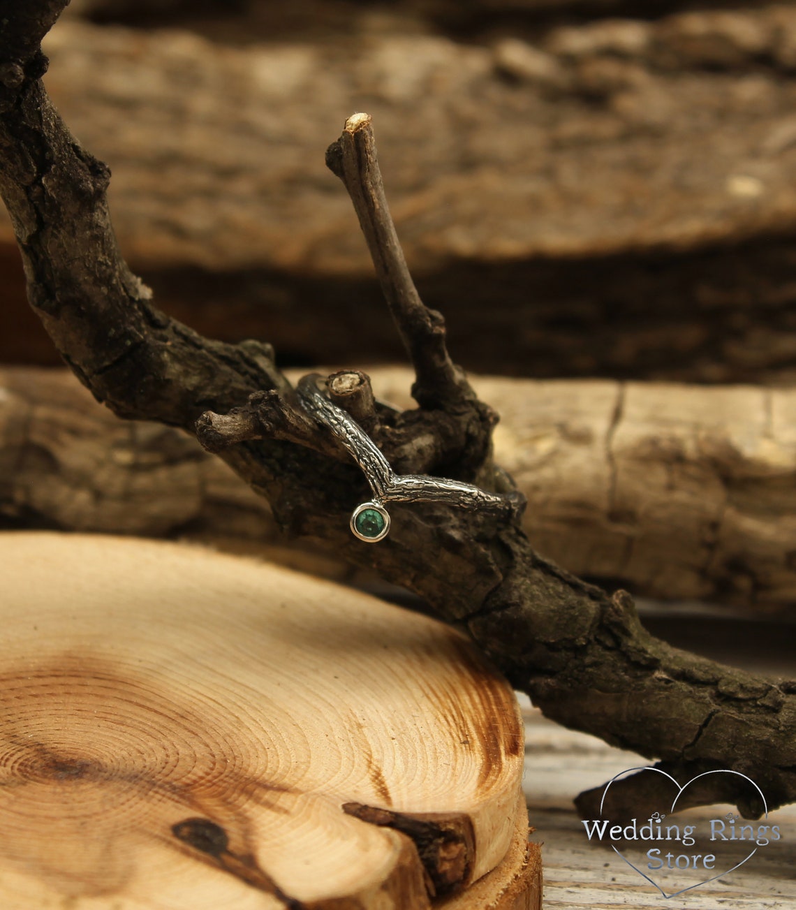 Dainty Twig Tiny Silver V-Ring with Emerald