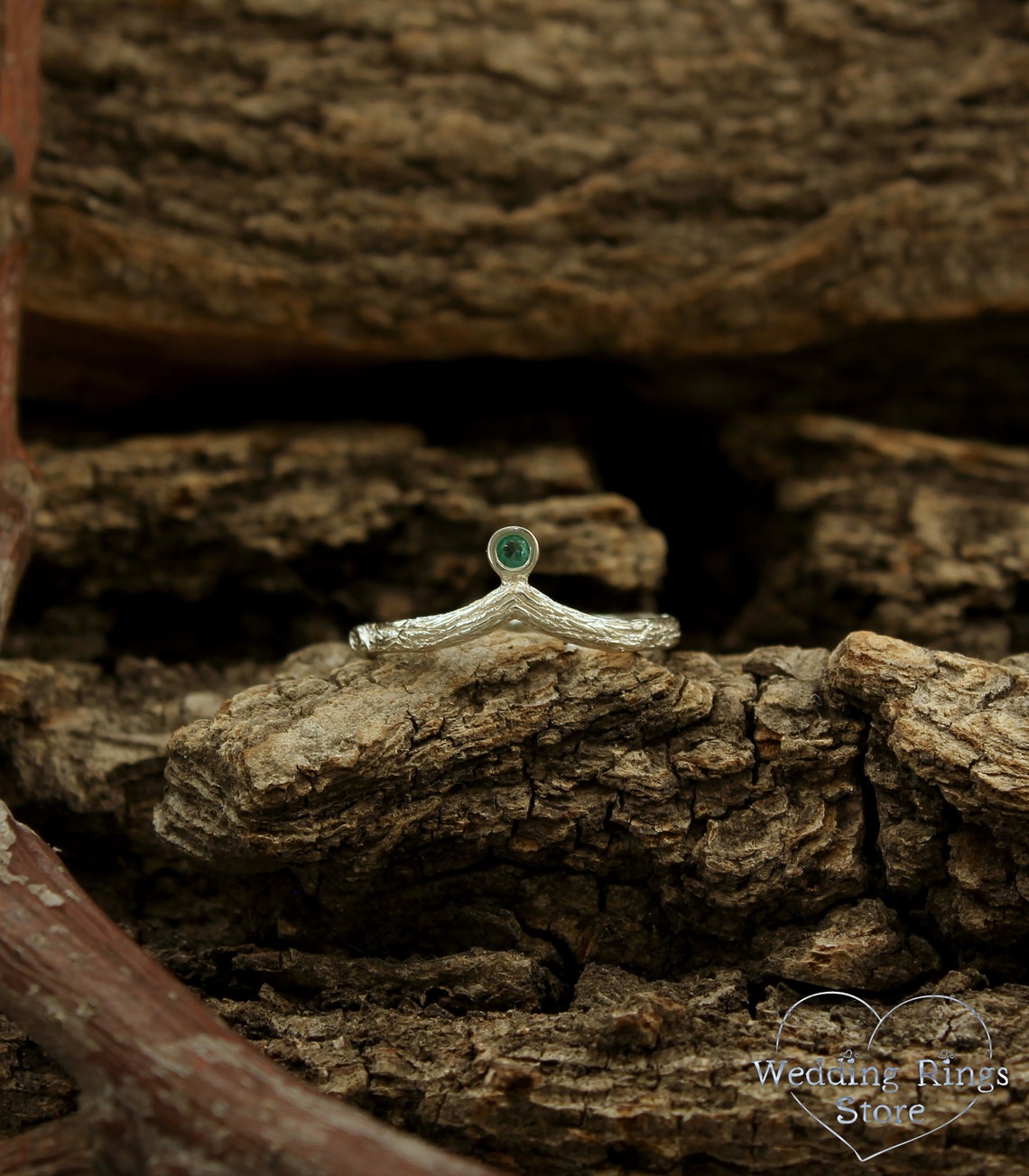 Dainty Twig Tiny Silver V-Ring with Emerald