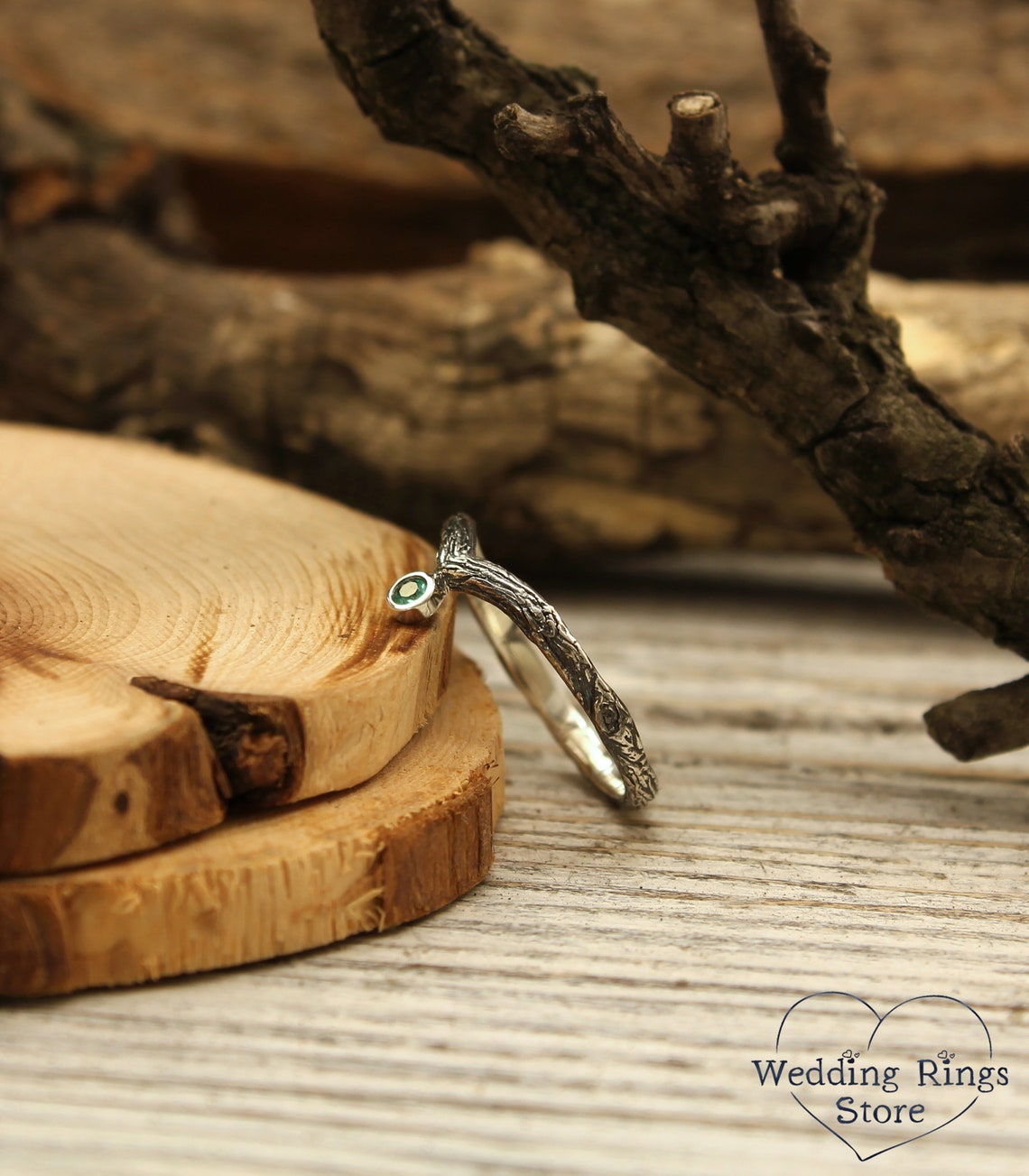 Dainty Twig Tiny Silver V-Ring with Emerald