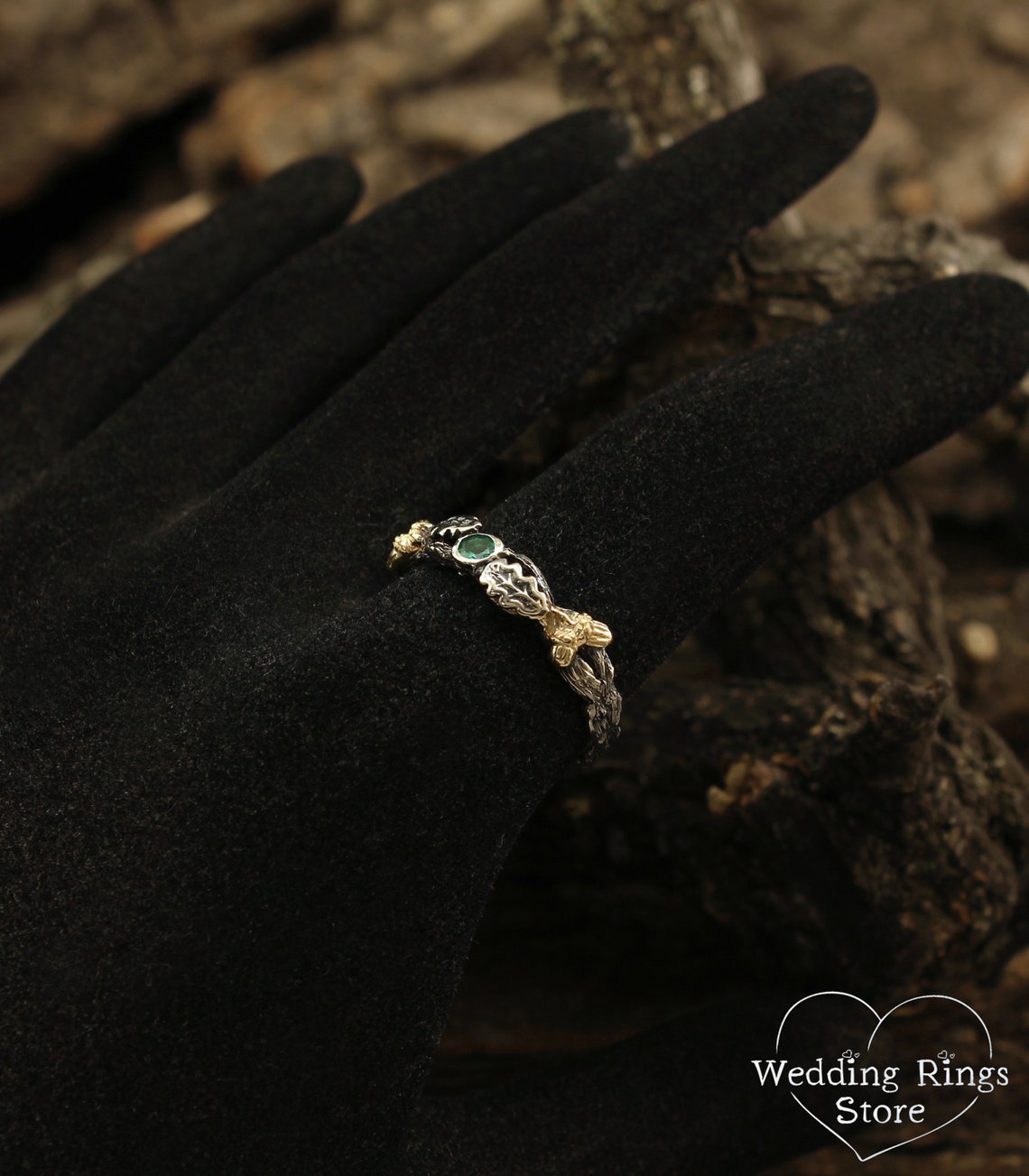 Acorns on a Branch Wedding Band with Emerald and Oak Leaves