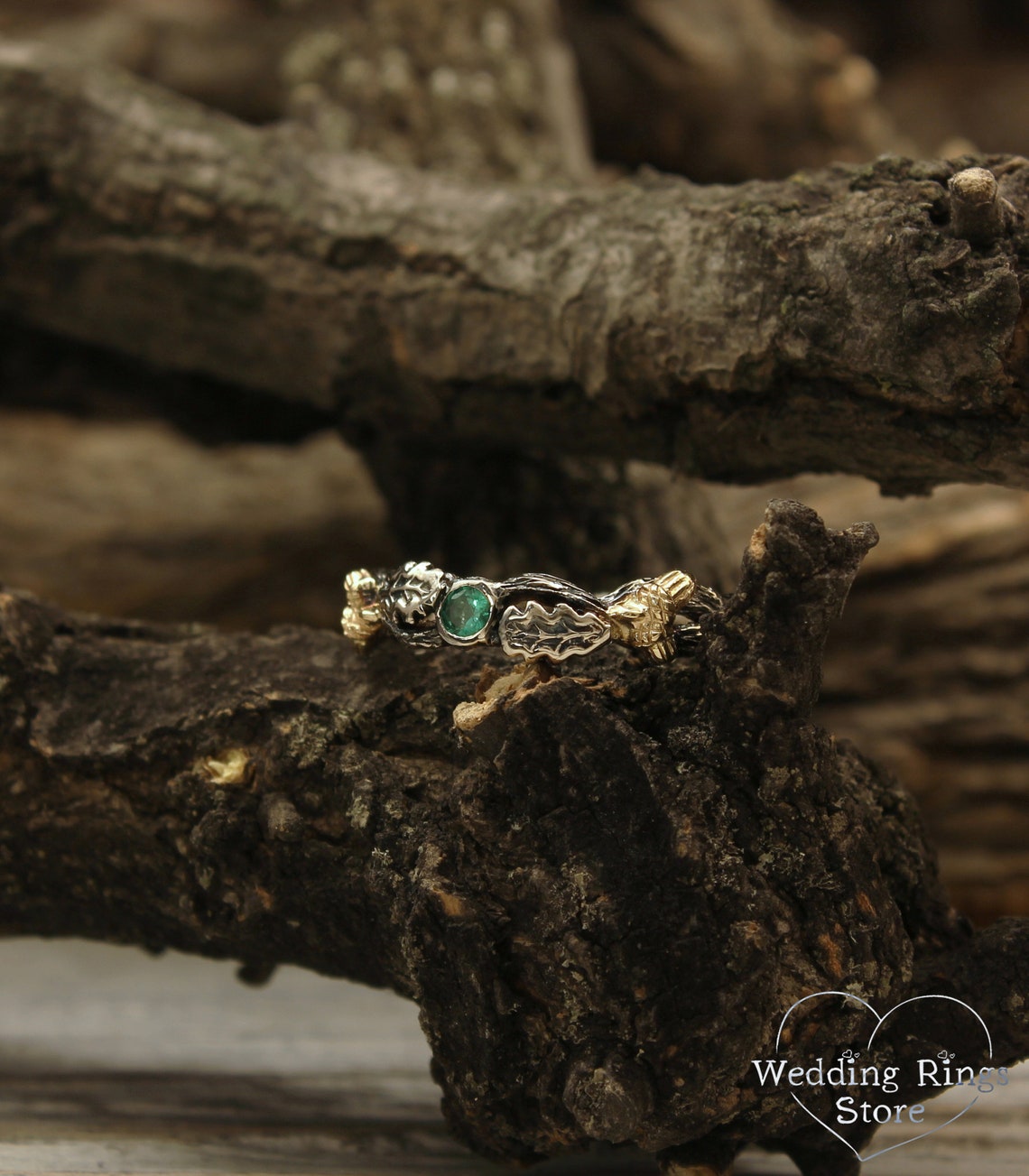 Acorns on a Branch Wedding Band with Emerald and Oak Leaves