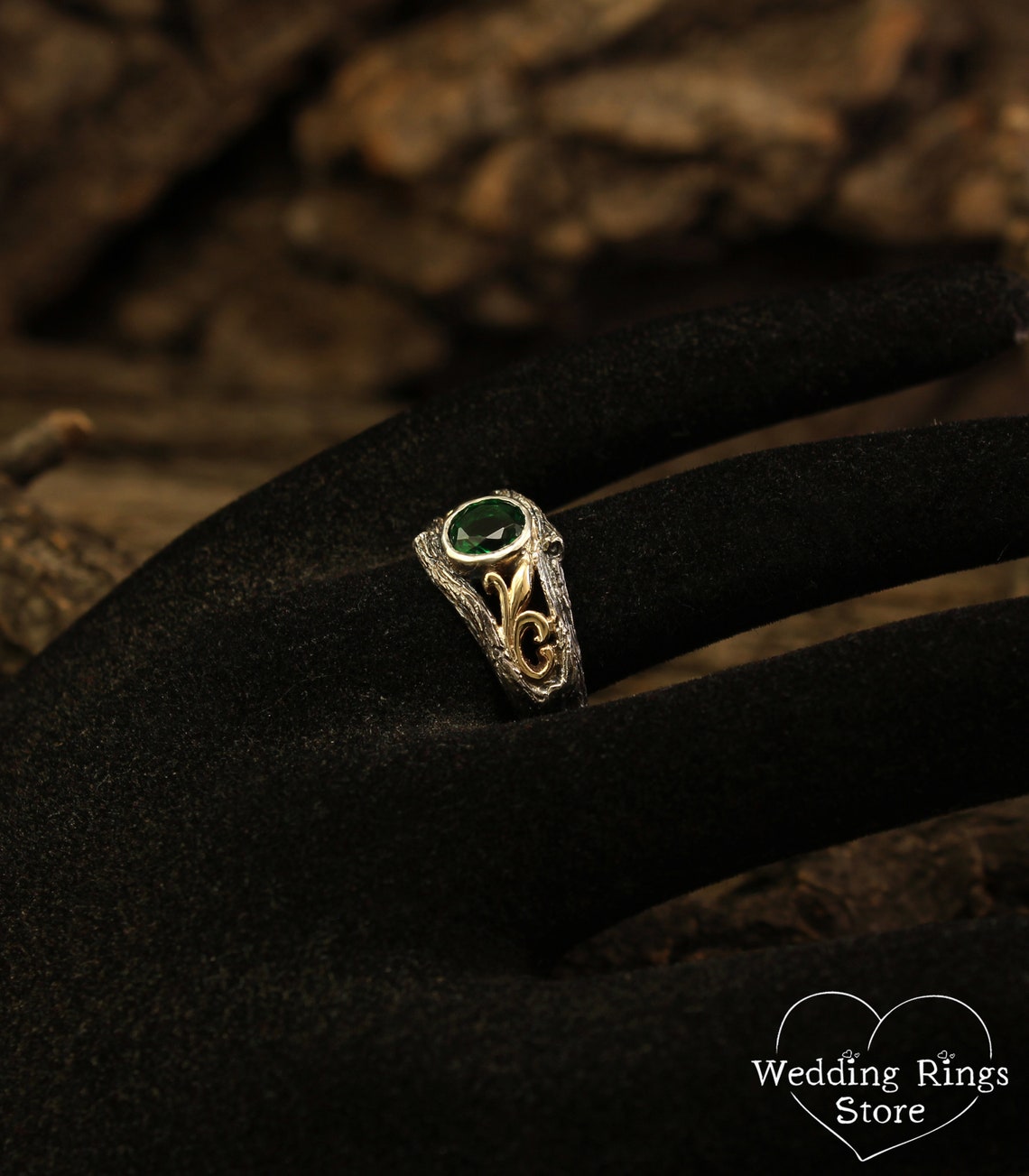 Bezel Set Emerald Ring with Gold Vines on a Silver Twig