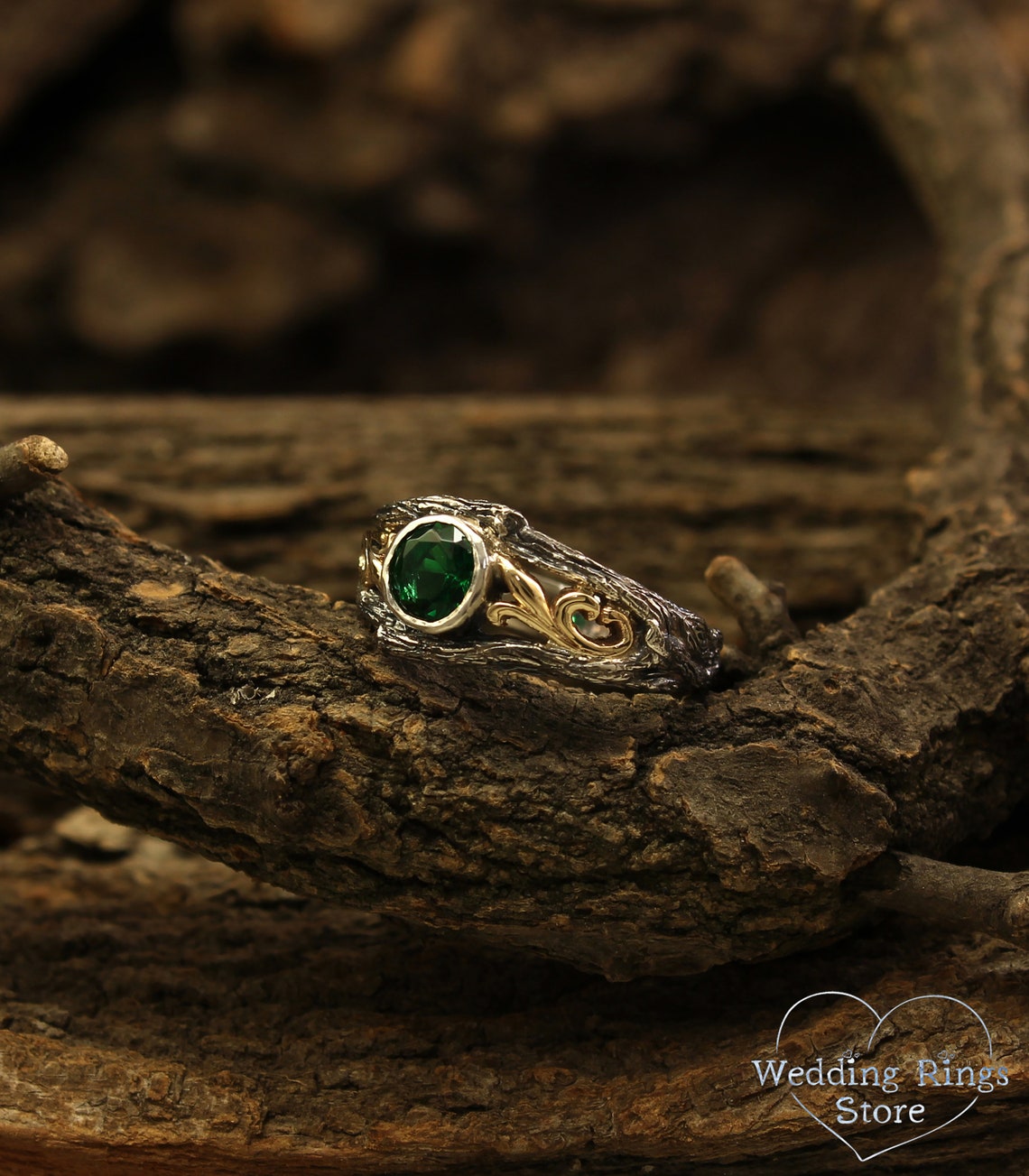 Bezel Set Emerald Ring with Gold Vines on a Silver Twig