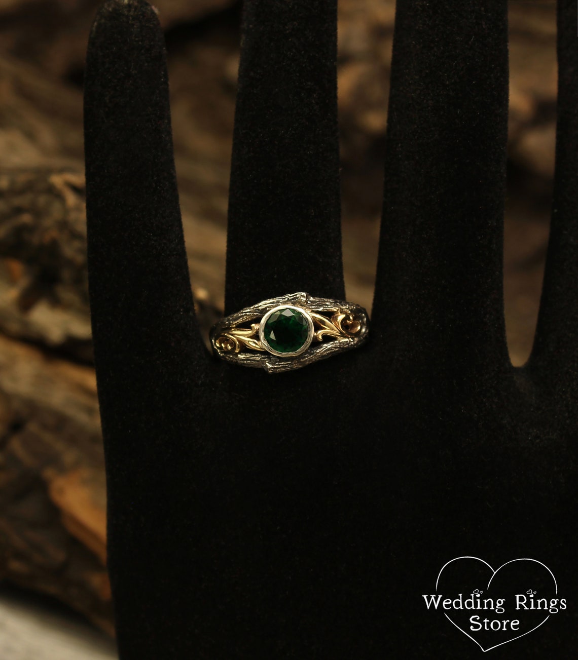 Bezel Set Emerald Ring with Gold Vines on a Silver Twig