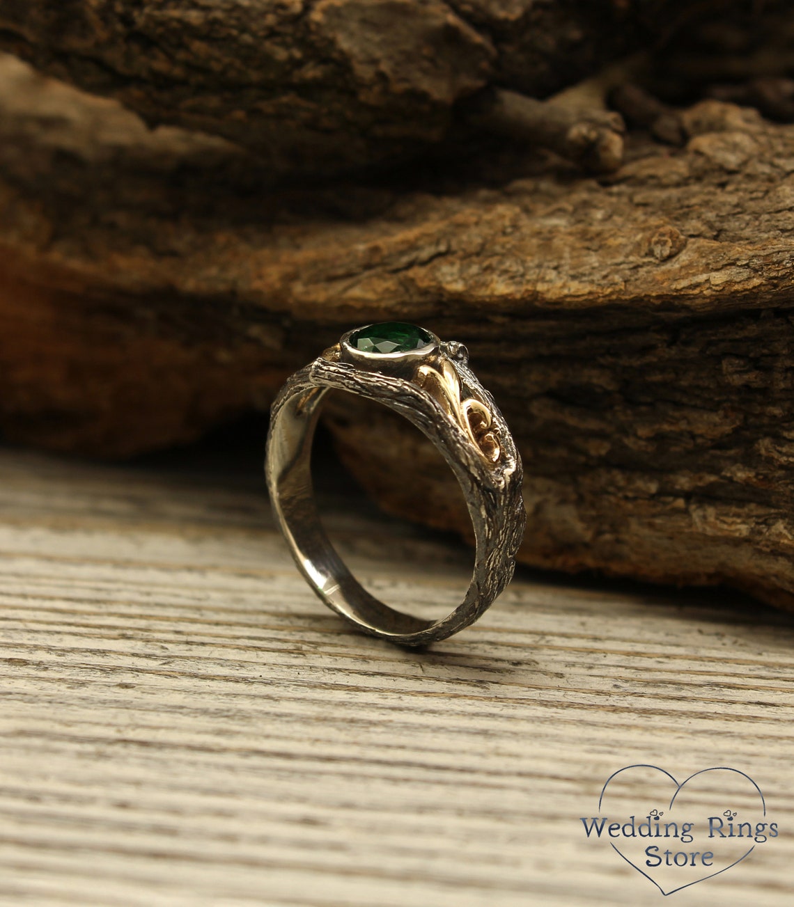 Bezel Set Emerald Ring with Gold Vines on a Silver Twig