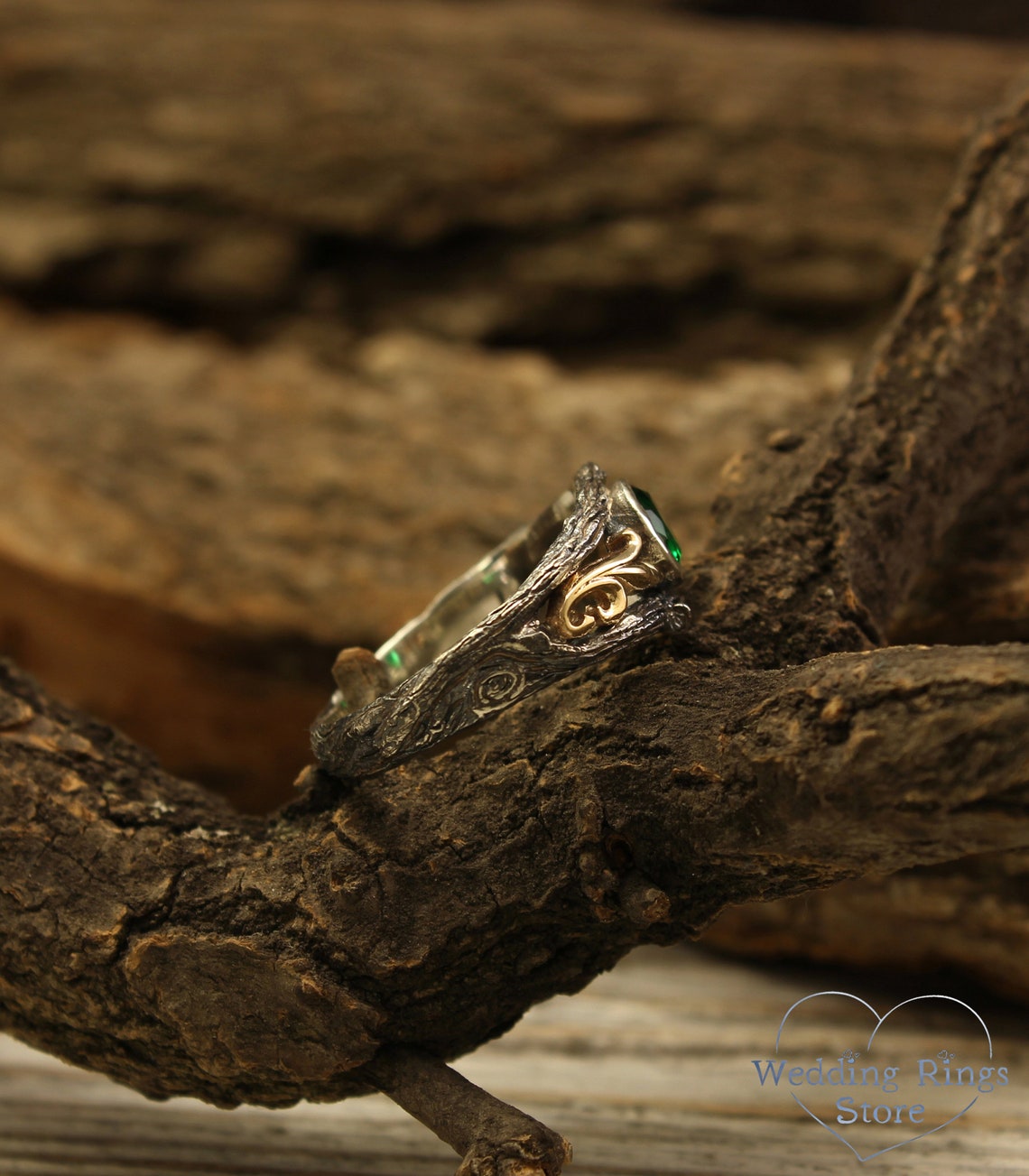 Bezel Set Emerald Ring with Gold Vines on a Silver Twig