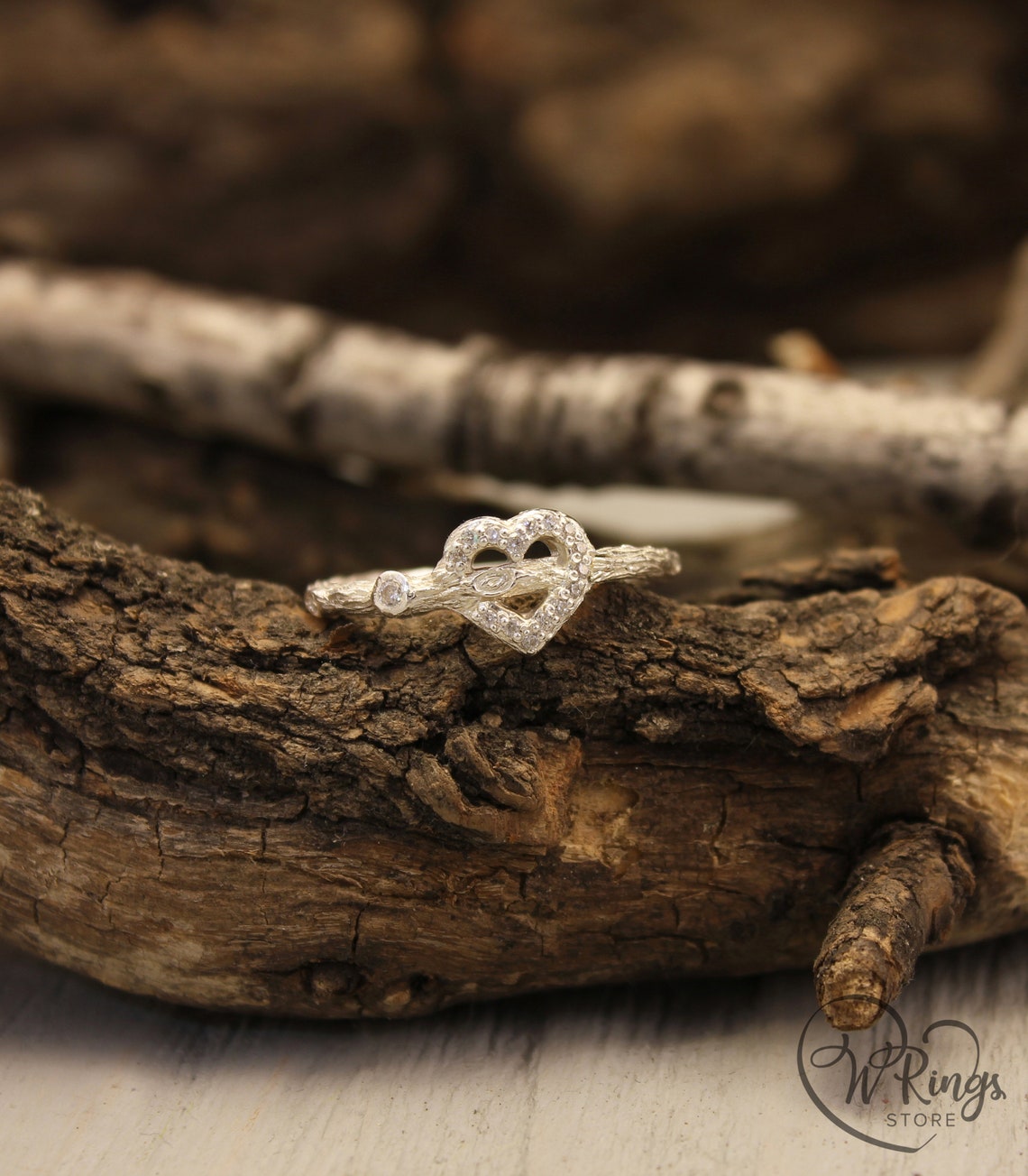 Sterling Silver Branch & Gems on Heart Engagement Ring