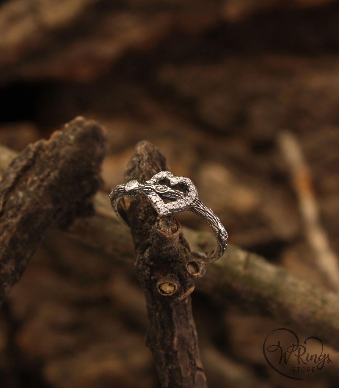 Sterling Silver Branch & Gems on Heart Engagement Ring