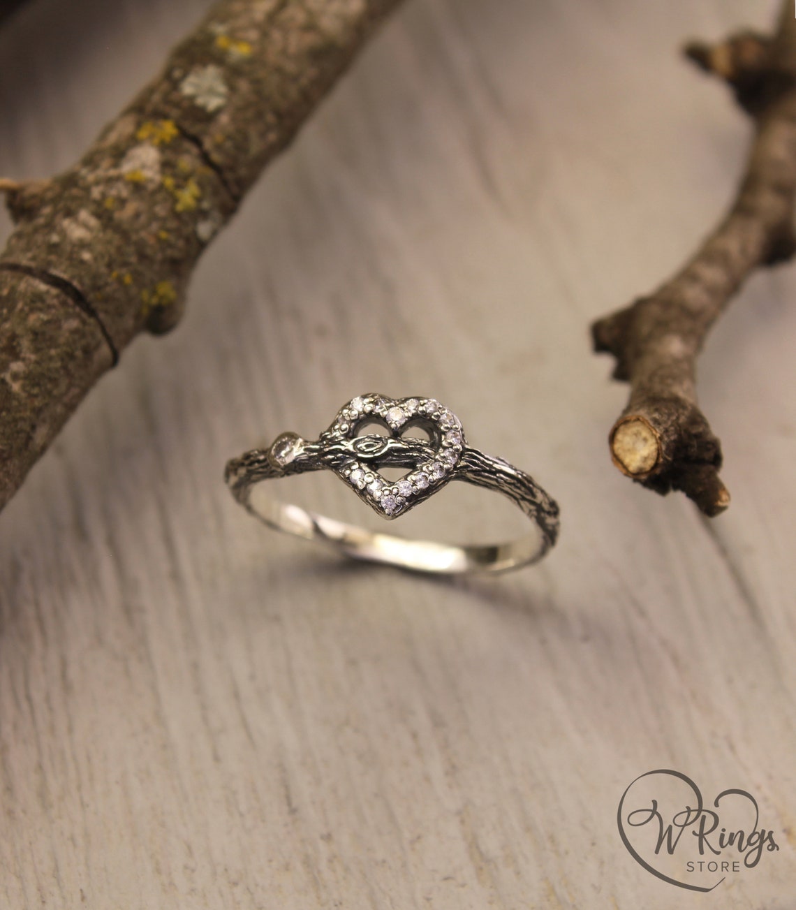 Sterling Silver Branch & Gems on Heart Engagement Ring