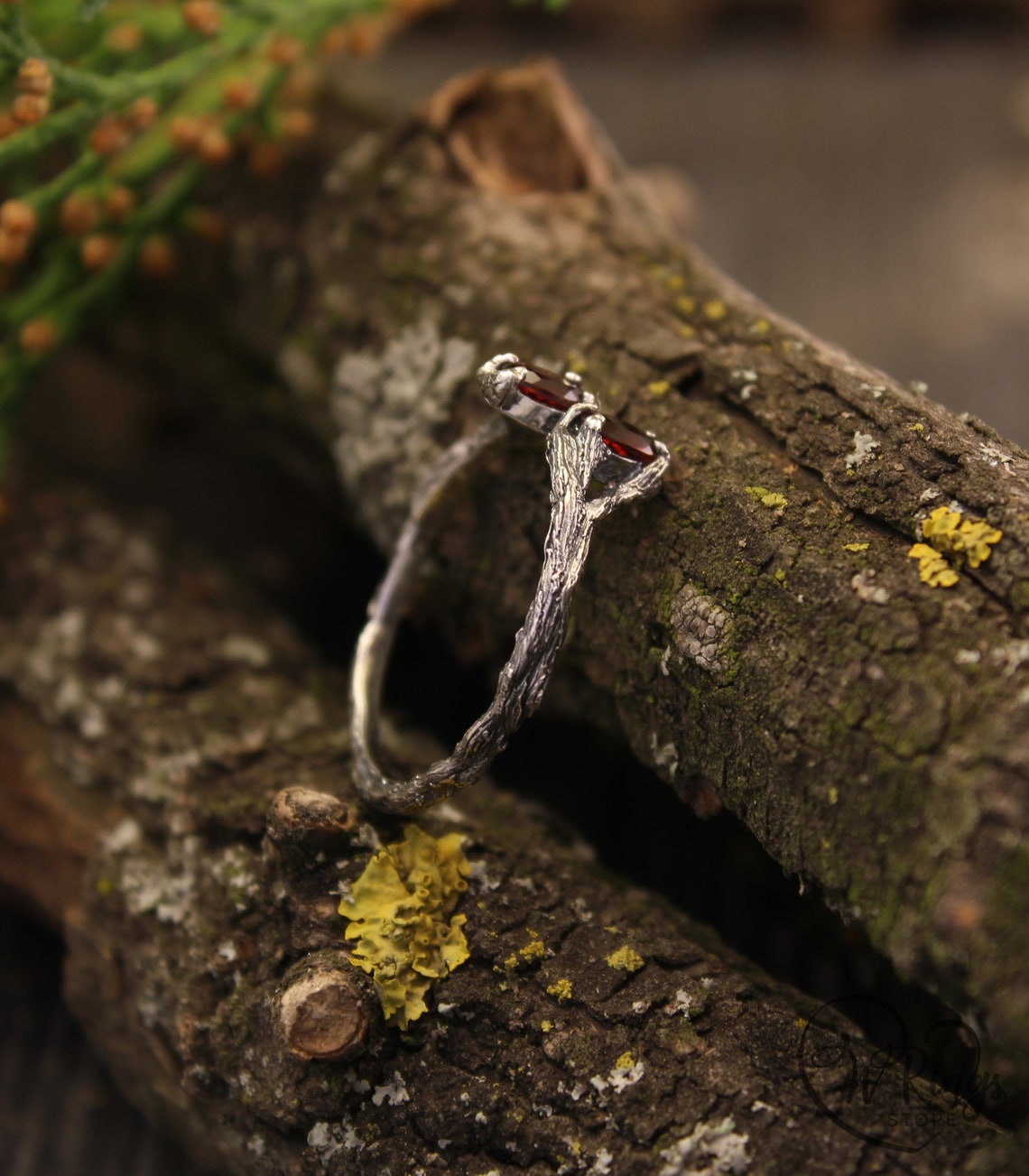 Two Oval Garnets Tiny Silver Branch Engagement Ring