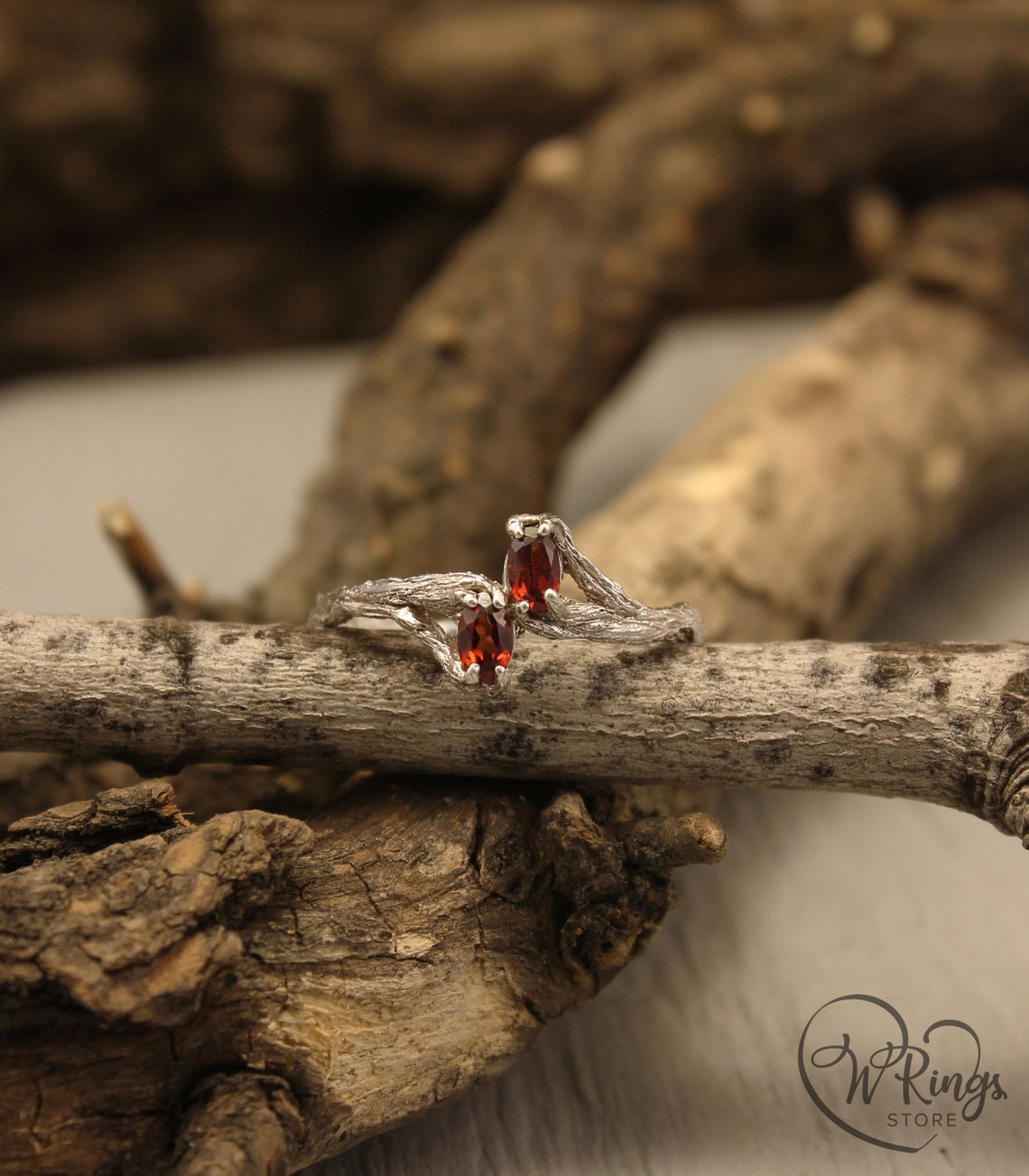 Two Oval Garnets Tiny Silver Branch Engagement Ring