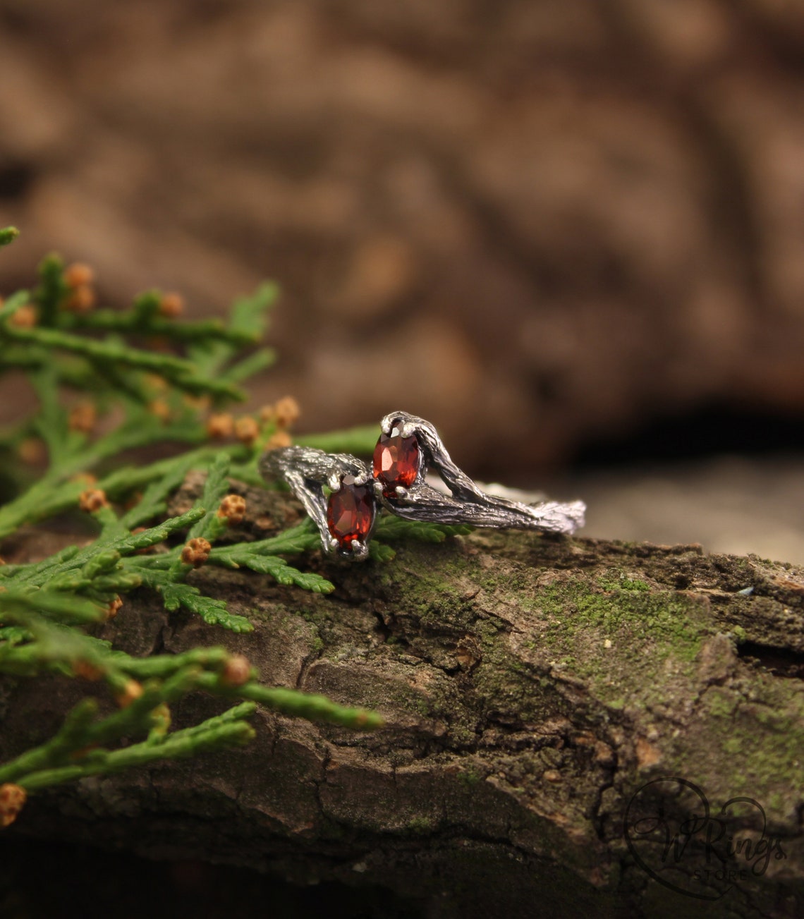 Two Oval Garnets Tiny Silver Branch Engagement Ring